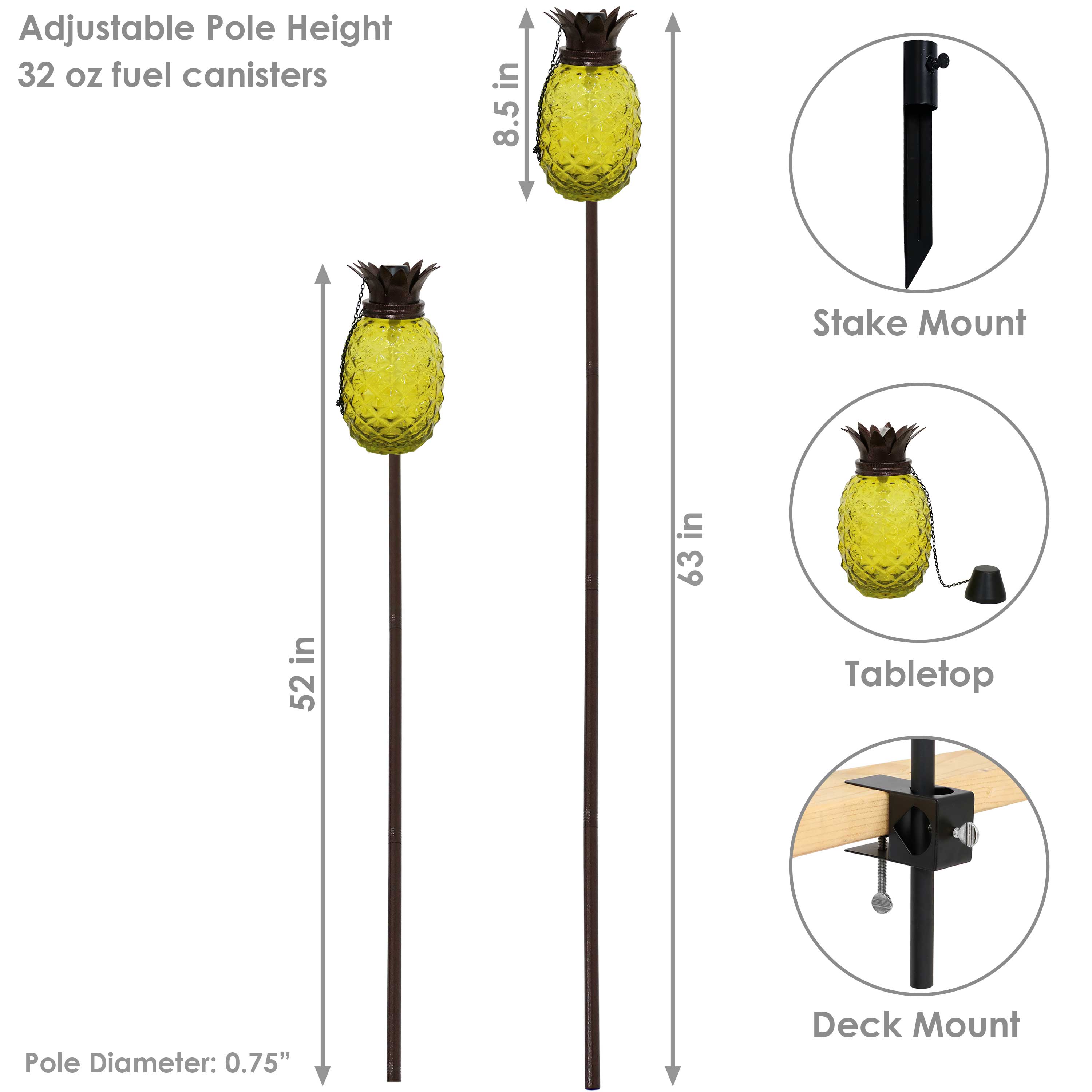  Sunnydaze Decor Adjustable Height 3-in-1 Glass Tropical Pineapple Torches with Connected Snuffs and Metal Poles - 2 Pack - Yellow - Bonton