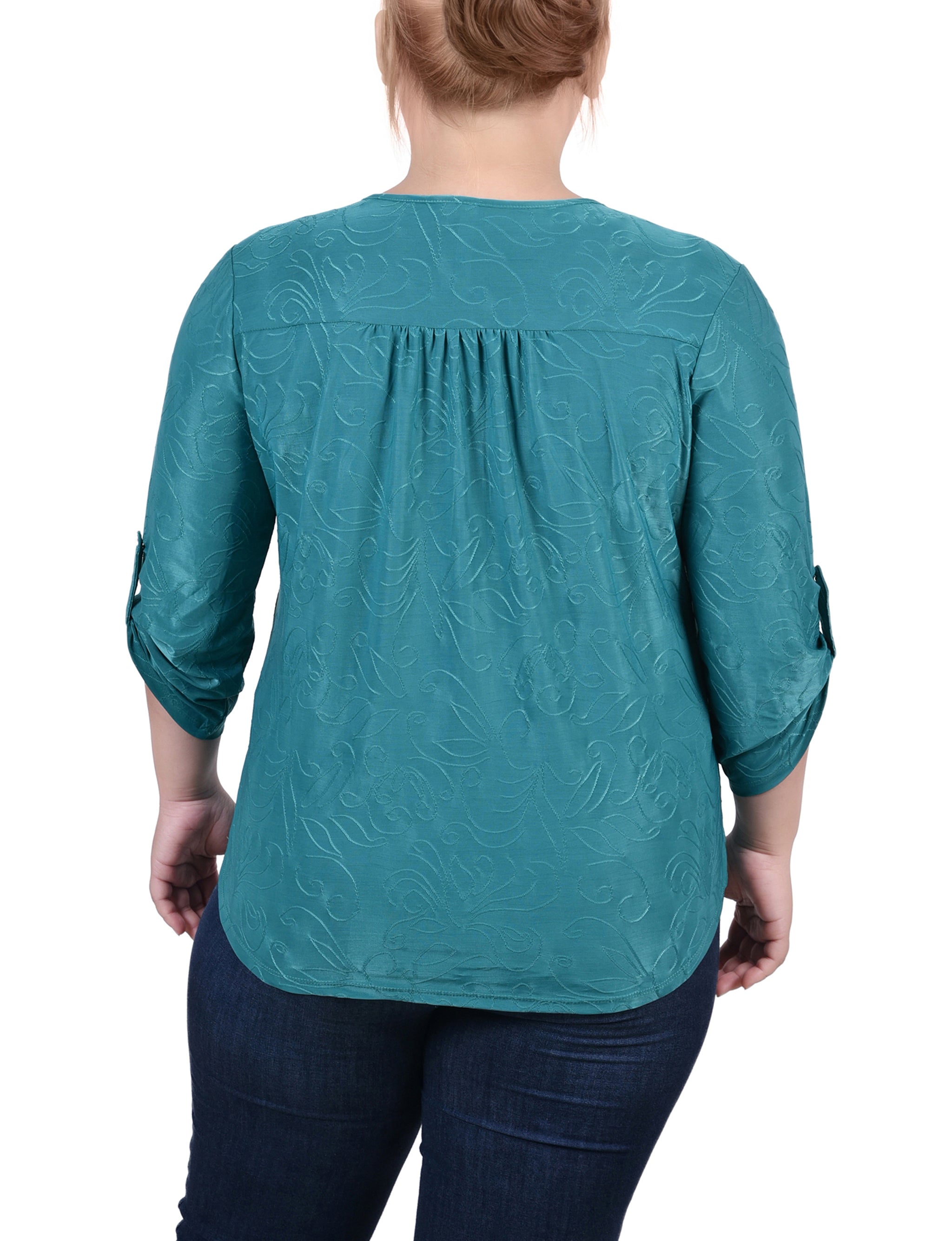  NY Collection Plus Size 3/4 Roll Tab Zip Front Jacquard Knit Top - Emerald - Bonton