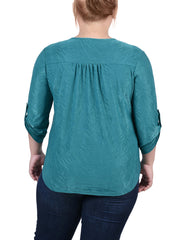 Plus Size 3/4 Roll Tab Zip Front Jacquard Knit Top