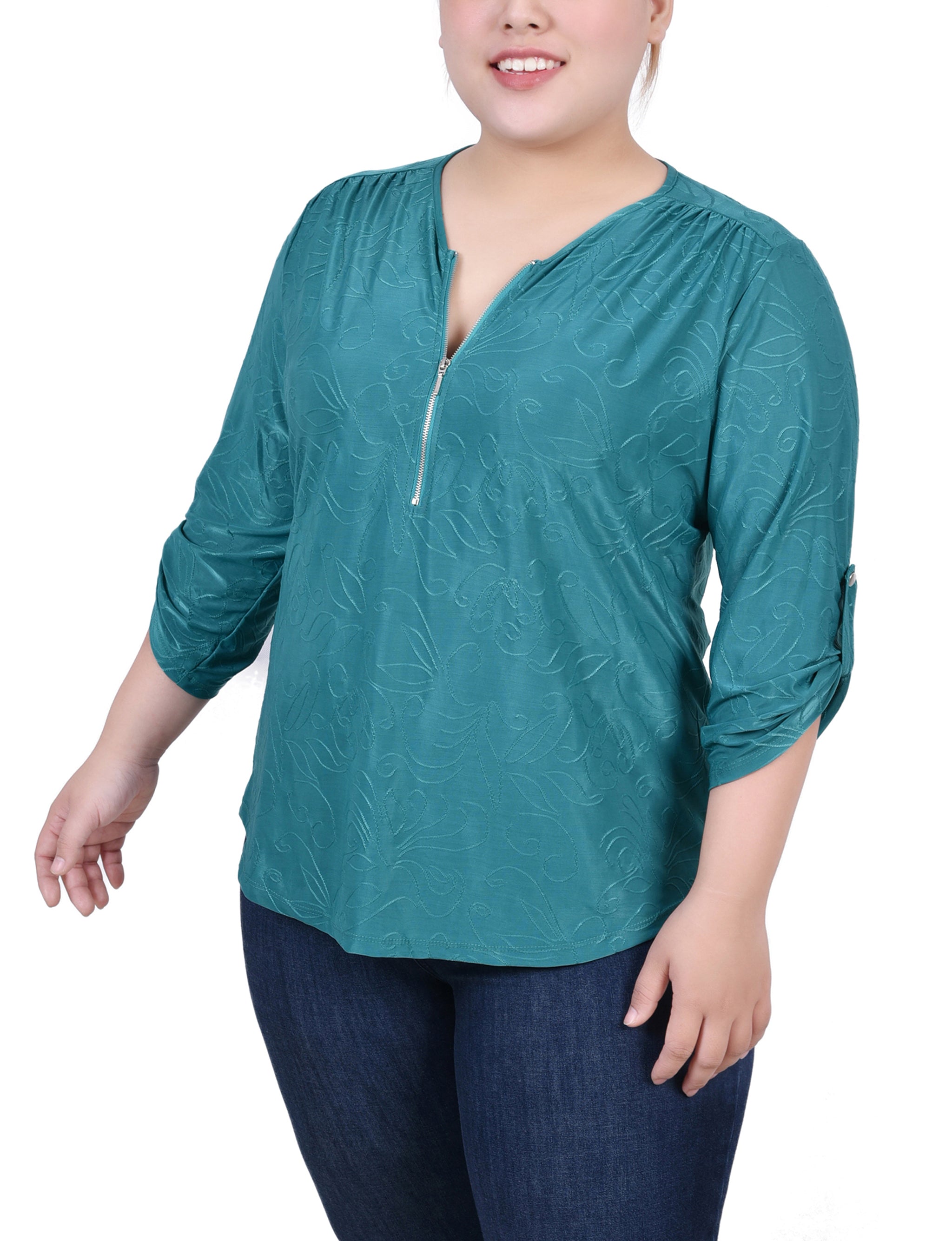  NY Collection Plus Size 3/4 Roll Tab Zip Front Jacquard Knit Top - Emerald - Bonton