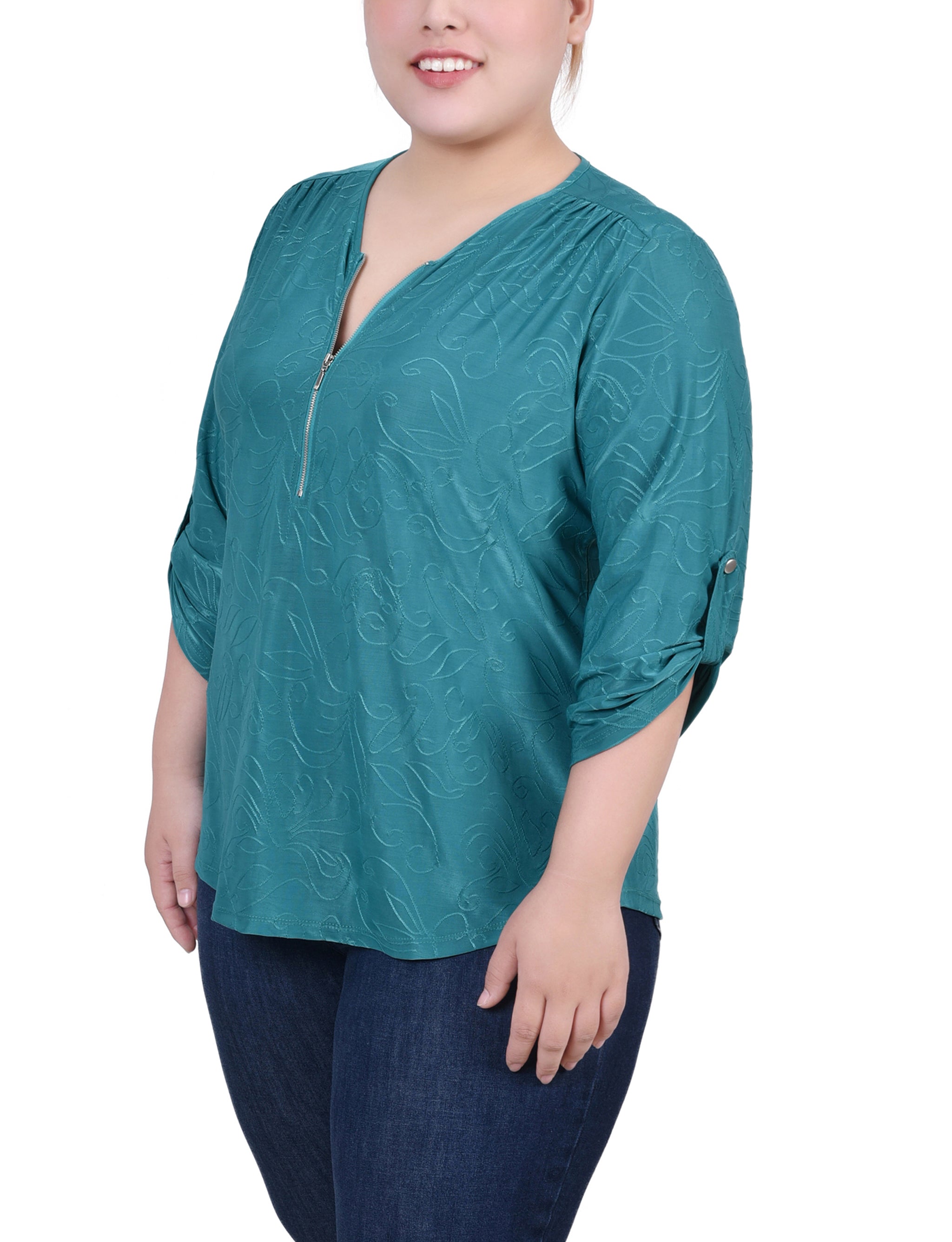  NY Collection Plus Size 3/4 Roll Tab Zip Front Jacquard Knit Top - Emerald - Bonton