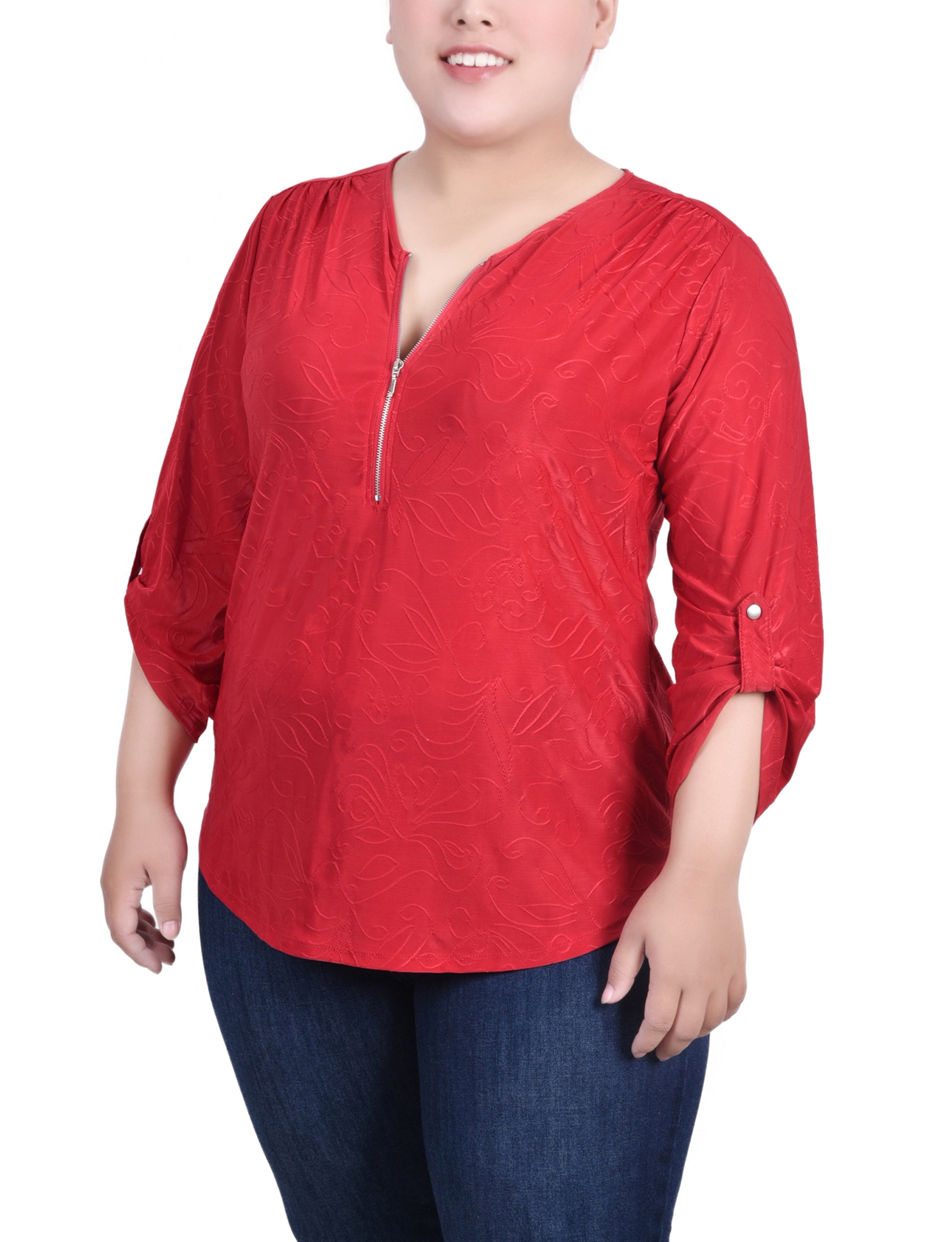  NY Collection Plus Size 3/4 Roll Tab Zip Front Jacquard Knit Top - Emerald - Bonton