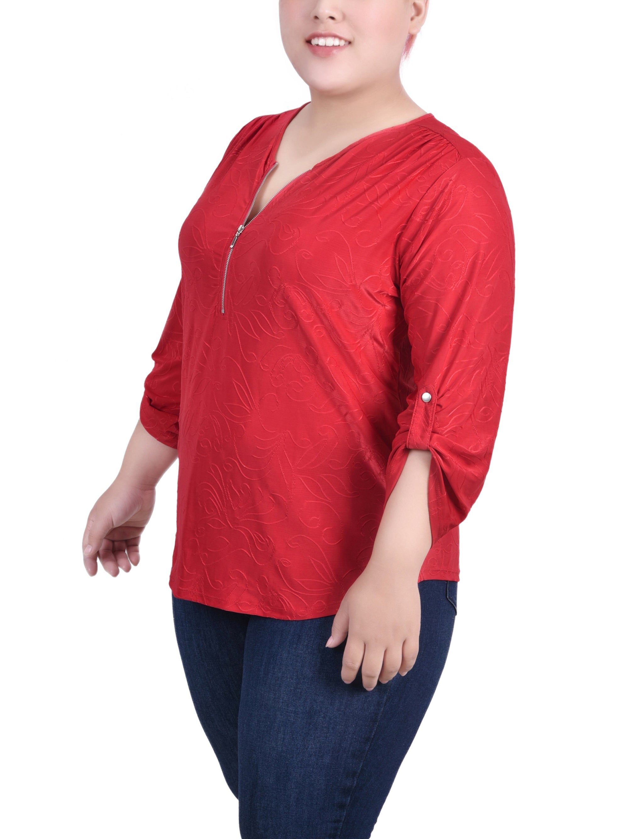  NY Collection Plus Size 3/4 Roll Tab Zip Front Jacquard Knit Top - Emerald - Bonton