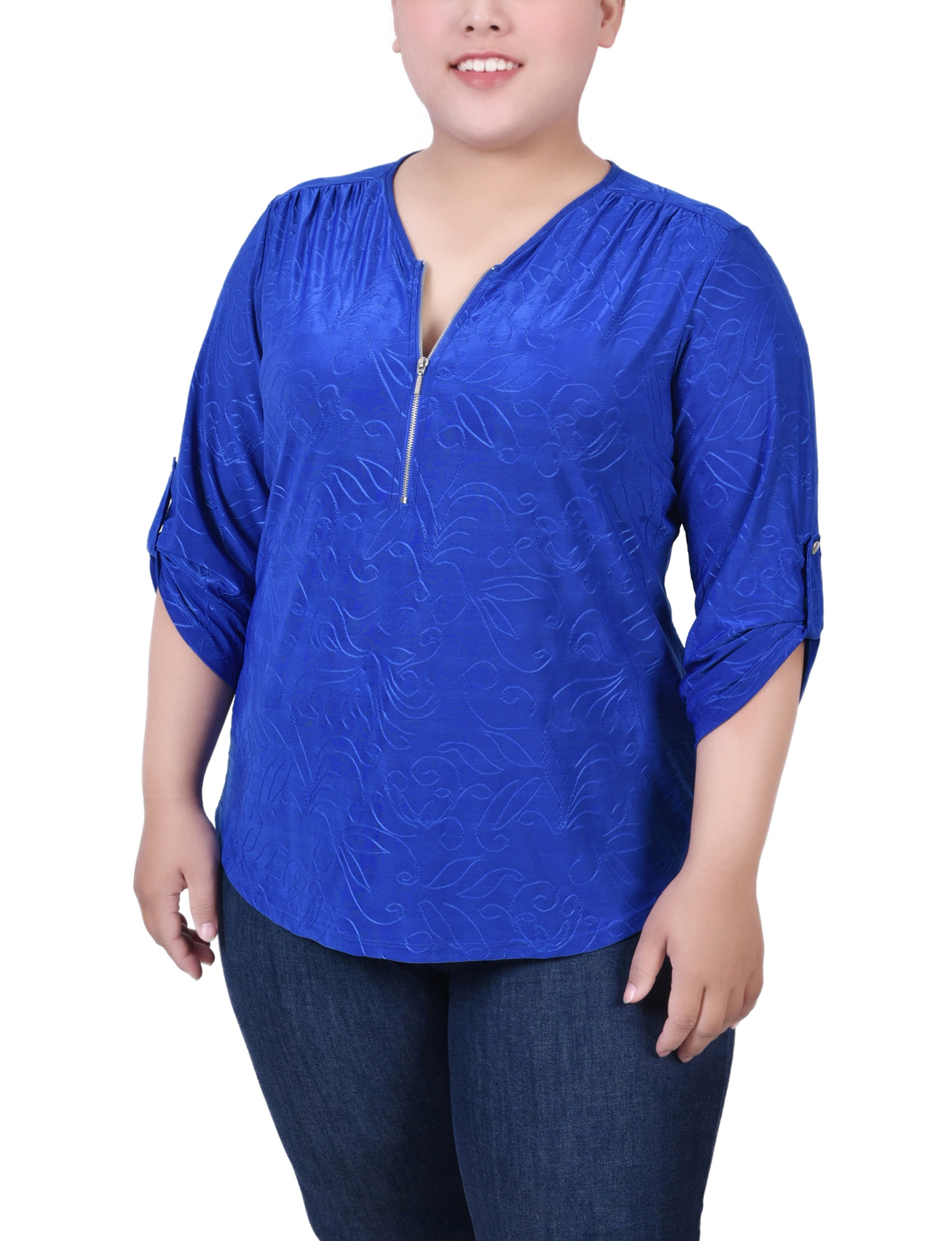  NY Collection Plus Size 3/4 Roll Tab Zip Front Jacquard Knit Top - Emerald - Bonton
