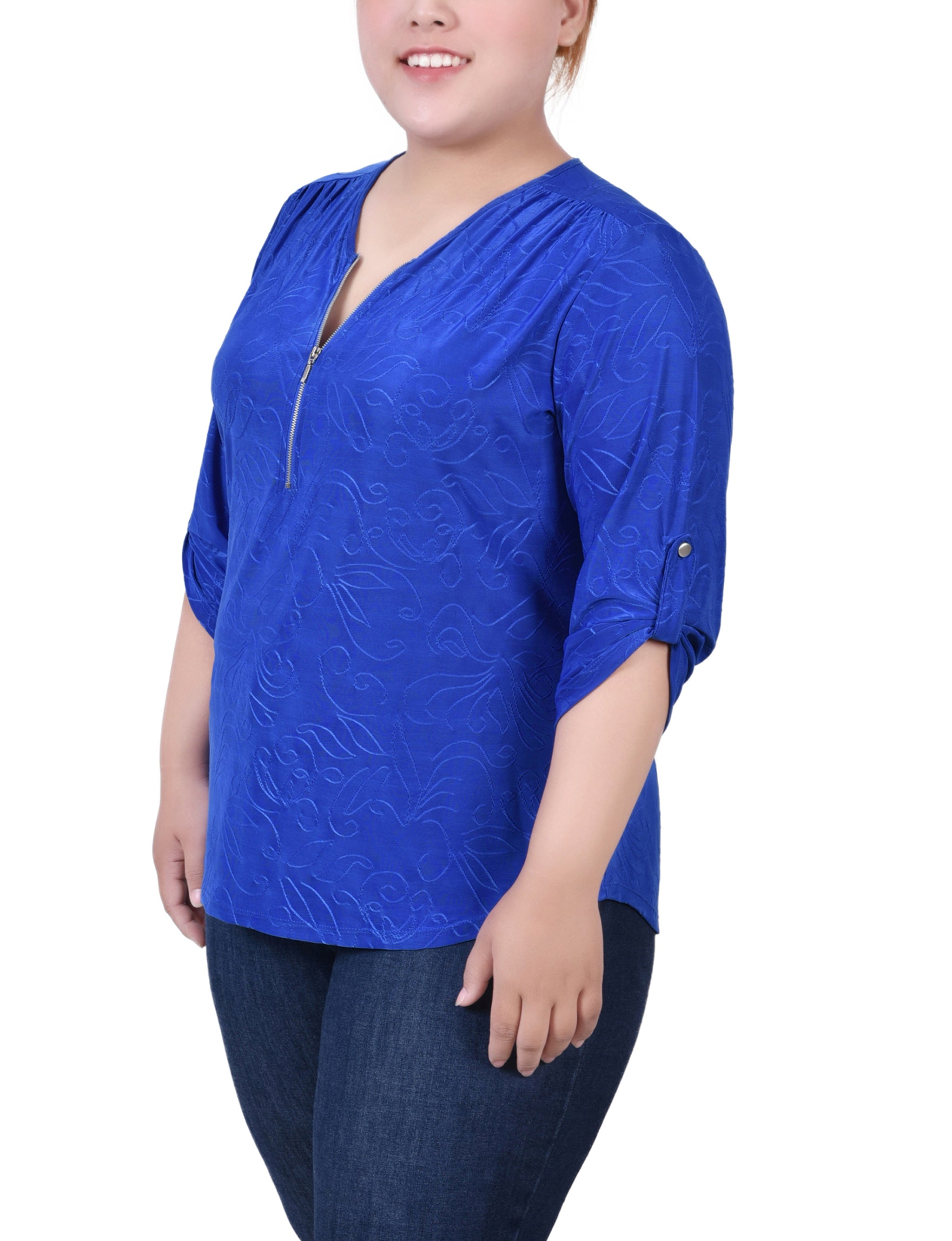  NY Collection Plus Size 3/4 Roll Tab Zip Front Jacquard Knit Top - Emerald - Bonton