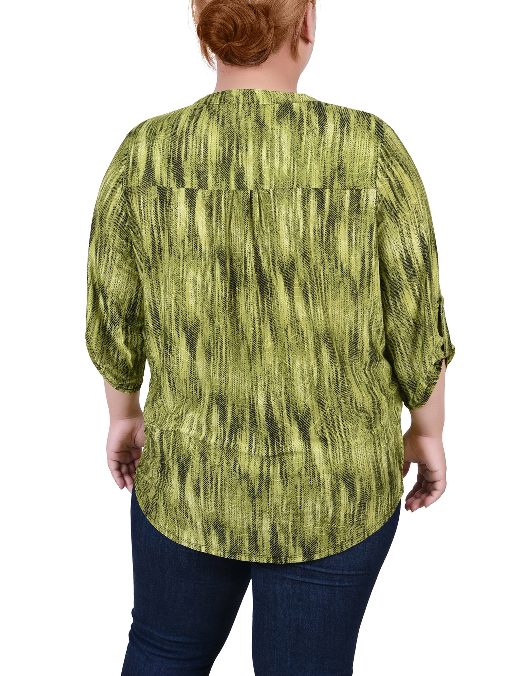  NY Collection Plus Size 3/4 Roll Tab Sleeve Y Neck Top - Grey Floral - Bonton
