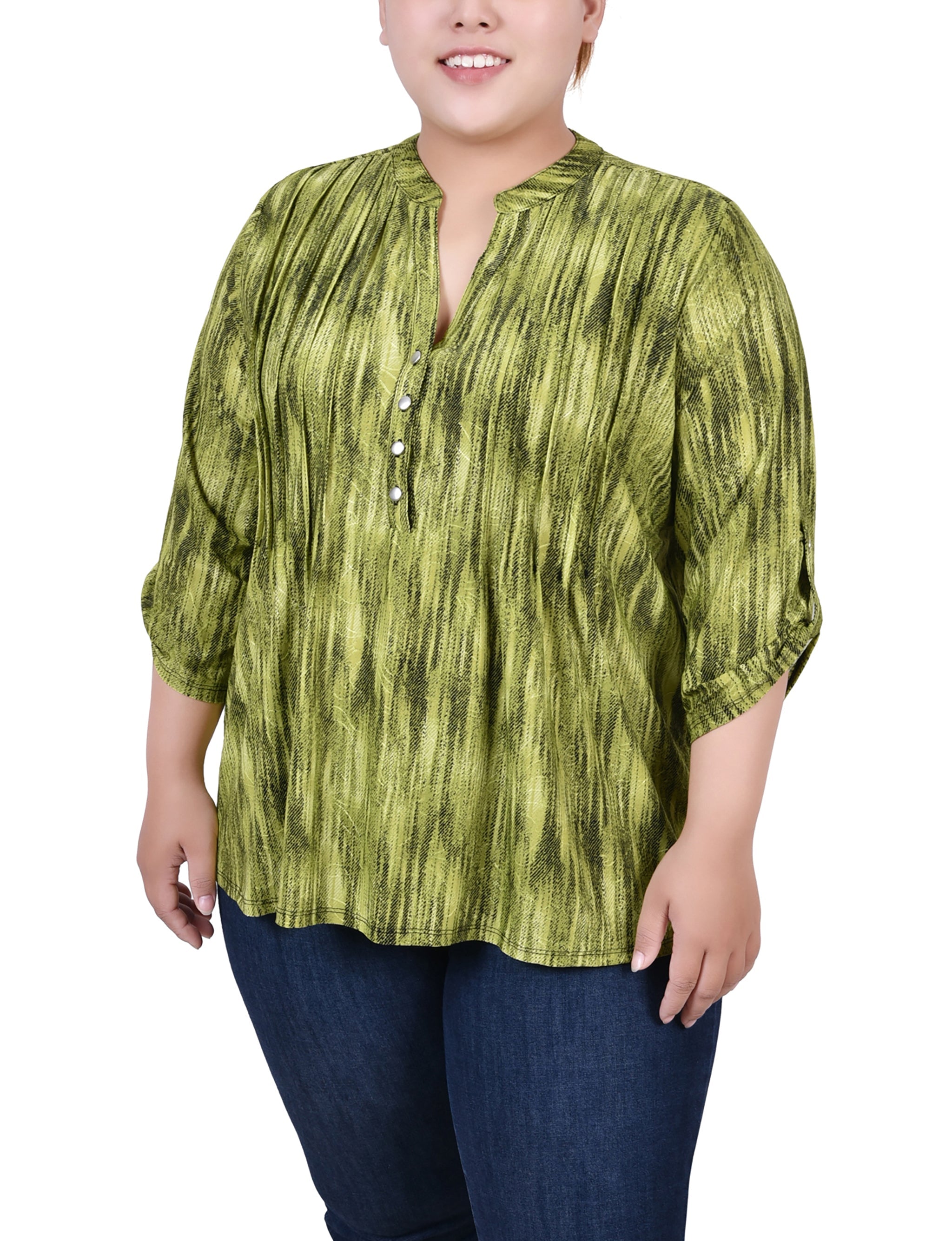  NY Collection Plus Size 3/4 Roll Tab Sleeve Y Neck Top - Grey Floral - Bonton