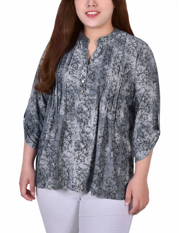 Plus Size 3/4 Roll Tab Sleeve Y Neck Top