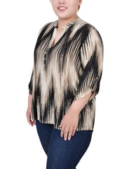 Plus Size 3/4 Roll Tab Sleeve Y Neck Top