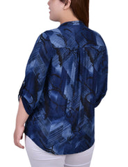 Plus Size 3/4 Roll Tab Sleeve Y Neck Top