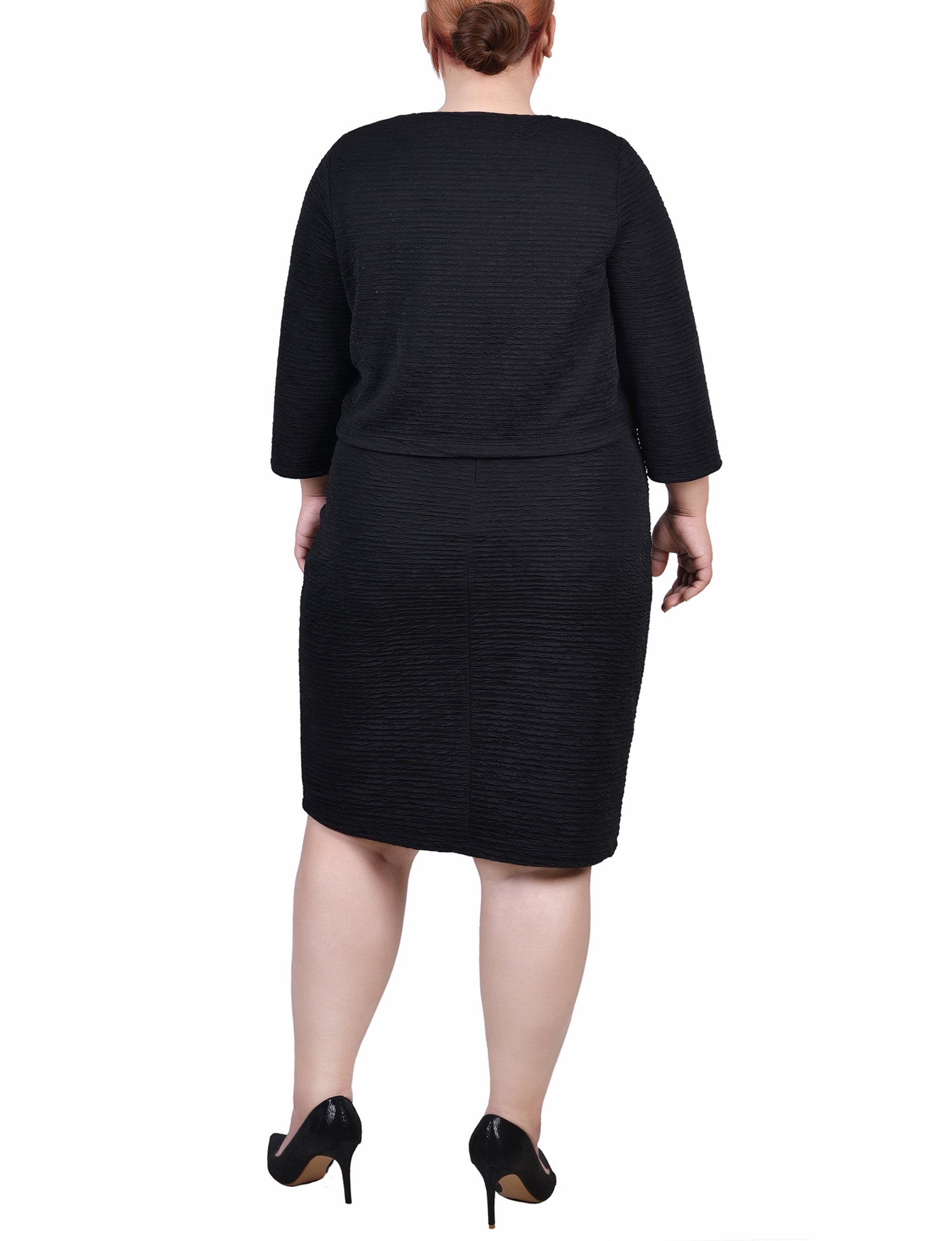  NY Collection Plus Size Textured 3/4 Sleeve 2 Piece Dress Set - Black Beauty - Bonton