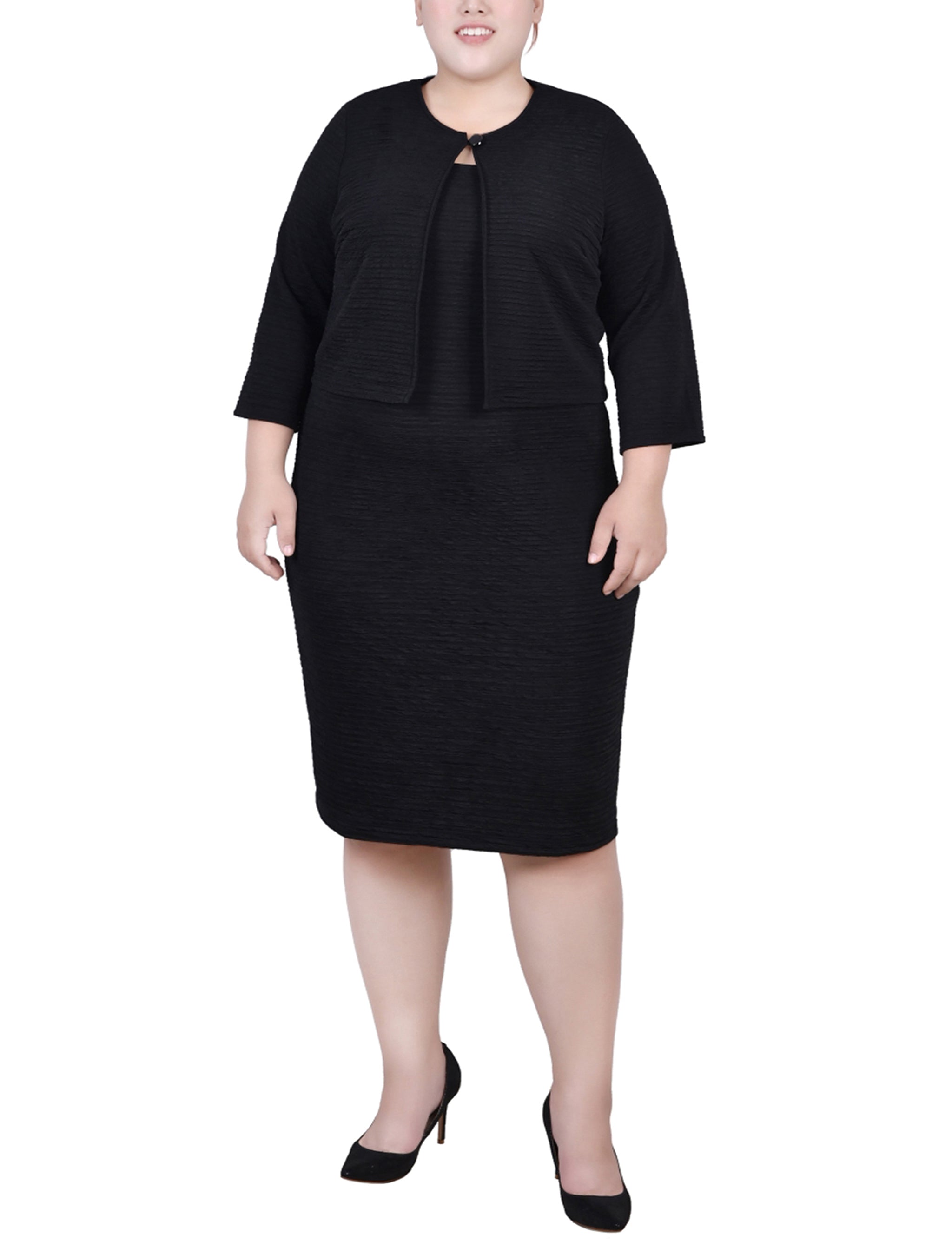  NY Collection Plus Size Textured 3/4 Sleeve 2 Piece Dress Set - Black Beauty - Bonton