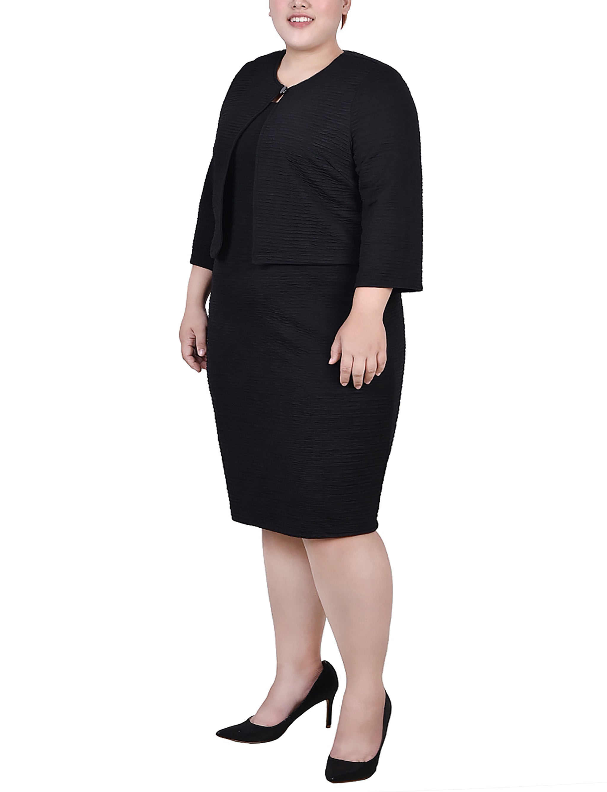  NY Collection Plus Size Textured 3/4 Sleeve 2 Piece Dress Set - Black Beauty - Bonton