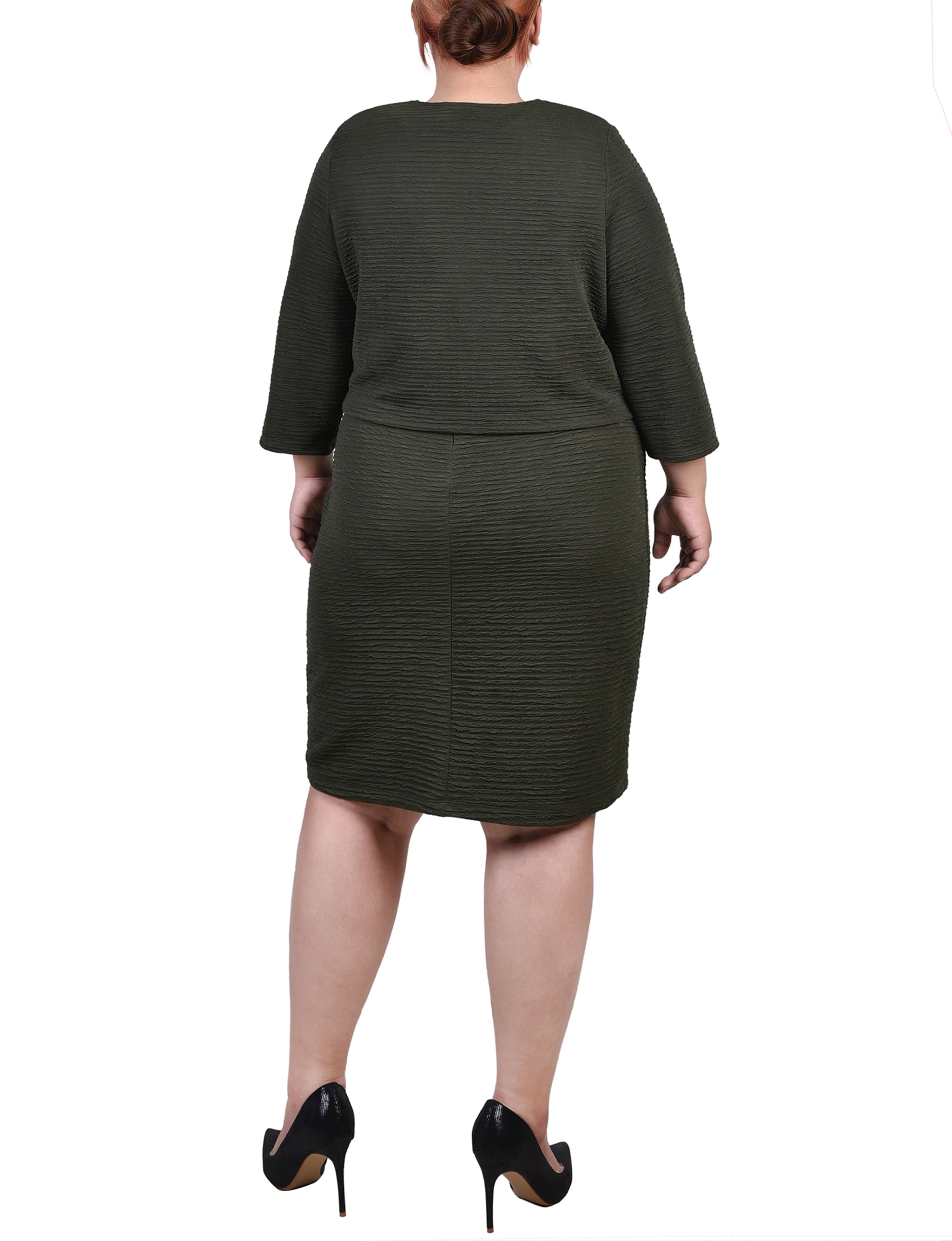  NY Collection Plus Size Textured 3/4 Sleeve 2 Piece Dress Set - Black Beauty - Bonton