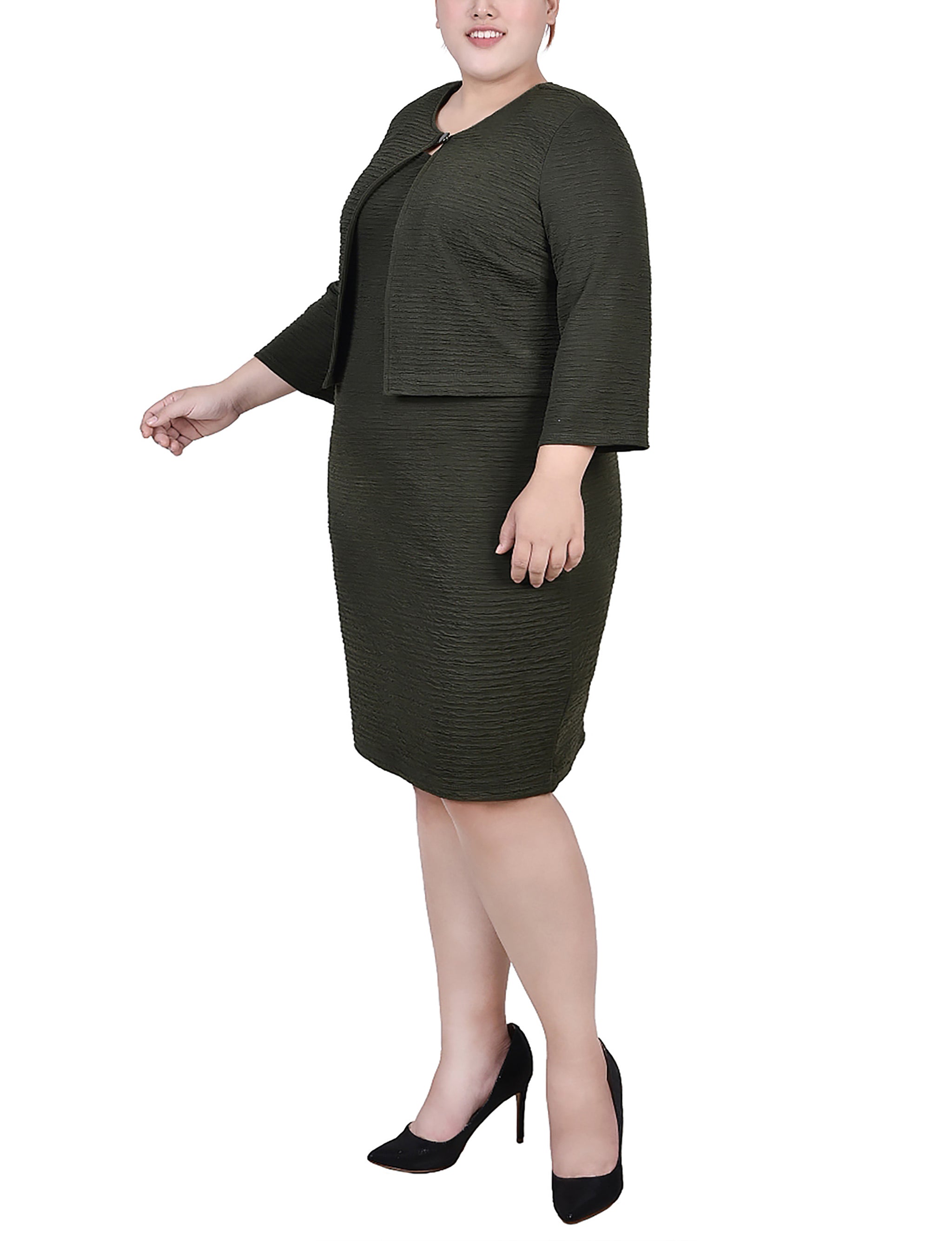  NY Collection Plus Size Textured 3/4 Sleeve 2 Piece Dress Set - Black Beauty - Bonton