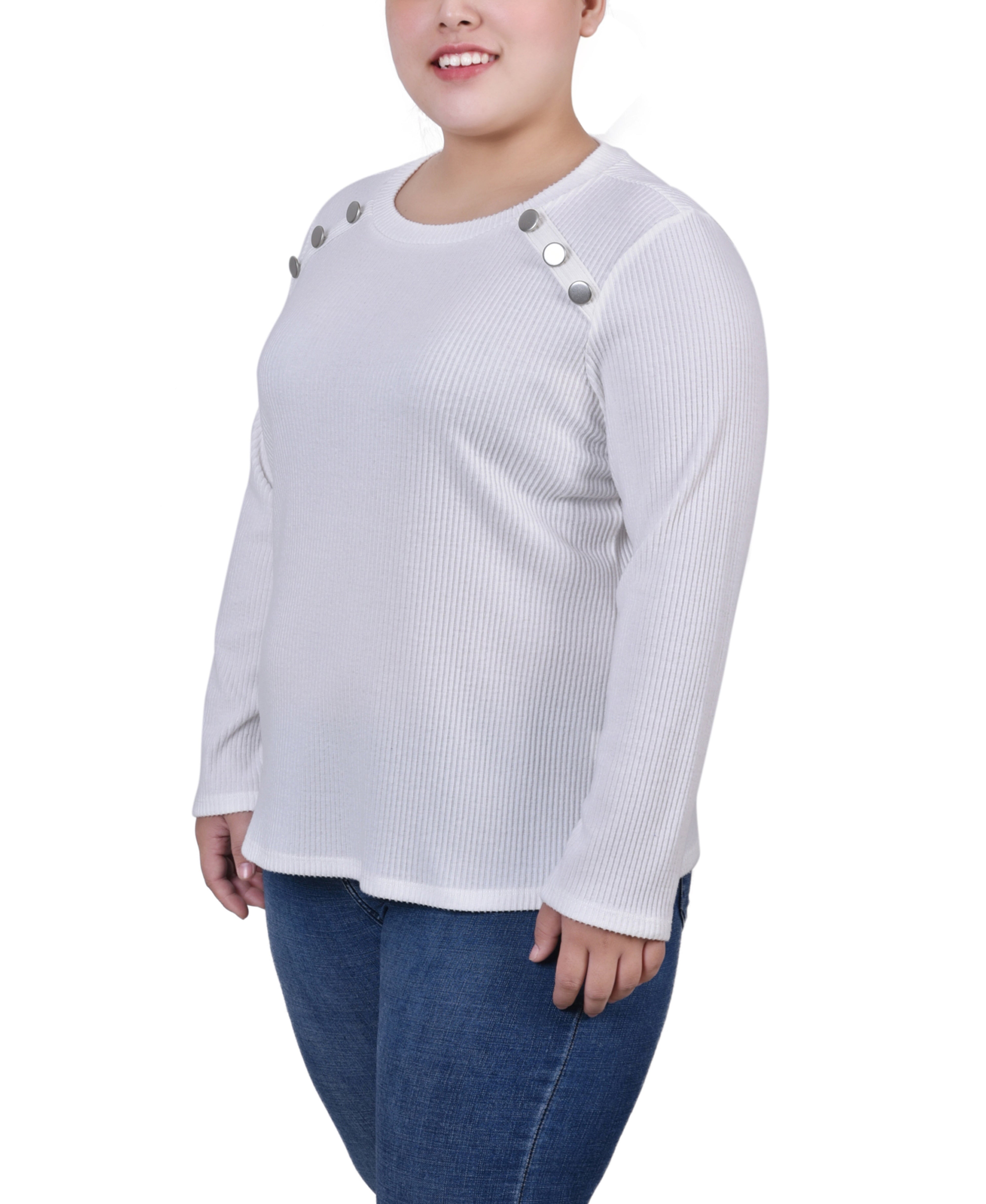  NY Collection Plus Size Long Sleeve Ribbed Button Detail Top - Ivory - Bonton