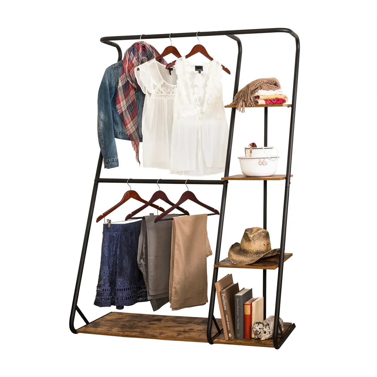  Honey-Can-Do Freestanding Double-Rod Open-Closet Clothes Storage Wardrobe - Rustic - Bonton