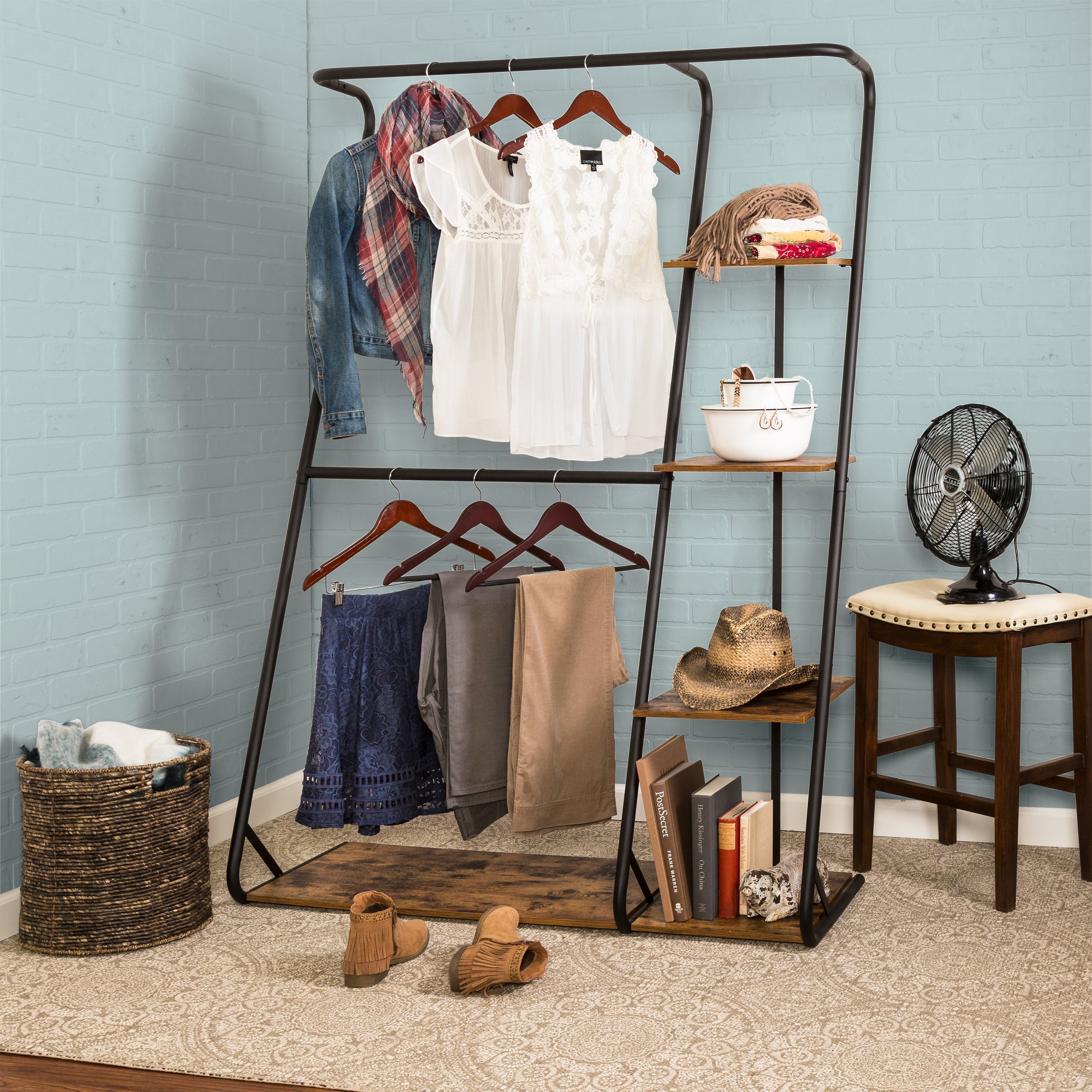  Honey-Can-Do Freestanding Double-Rod Open-Closet Clothes Storage Wardrobe - Rustic - Bonton