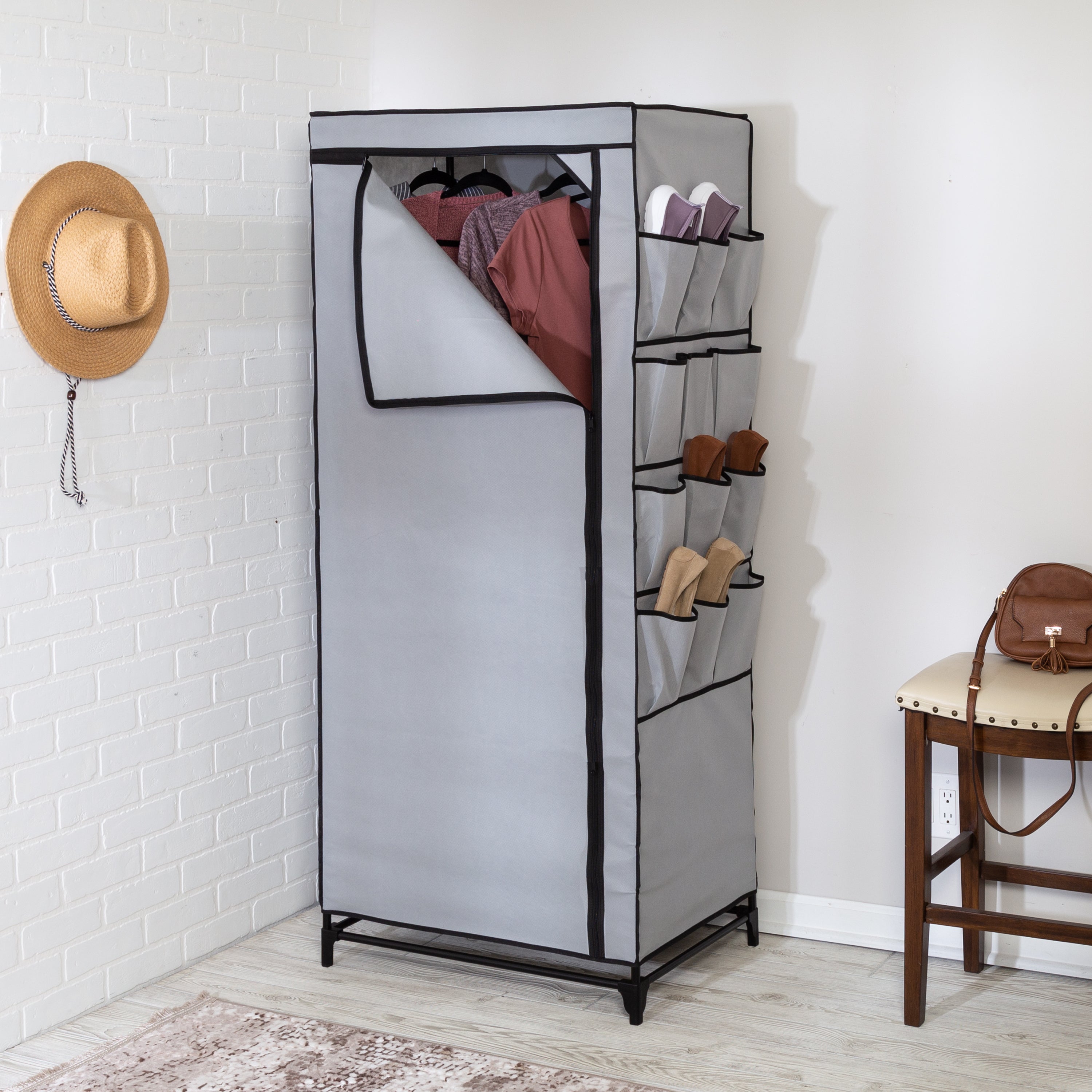  Honey-Can-Do Wide Portable Wardrobe Closet with Cover and Side Pockets - Grey - Bonton