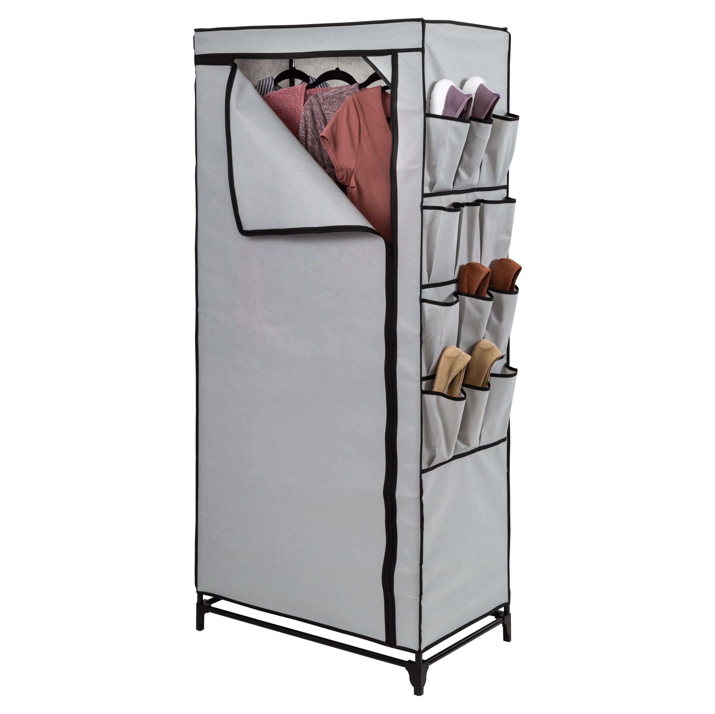  Honey-Can-Do Wide Portable Wardrobe Closet with Cover and Side Pockets - Grey - Bonton