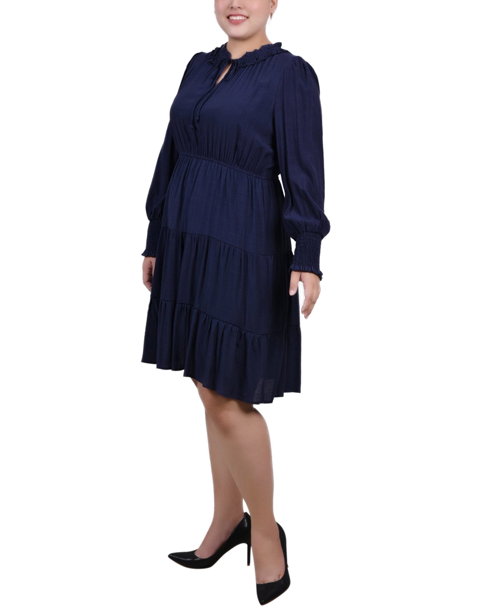  NY Collection Plus Size Long Sleeve Tiered Dress With Ruffled Neck - White - Bonton