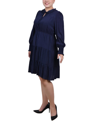 Plus Size Long Sleeve Tiered Dress With Ruffled Neck