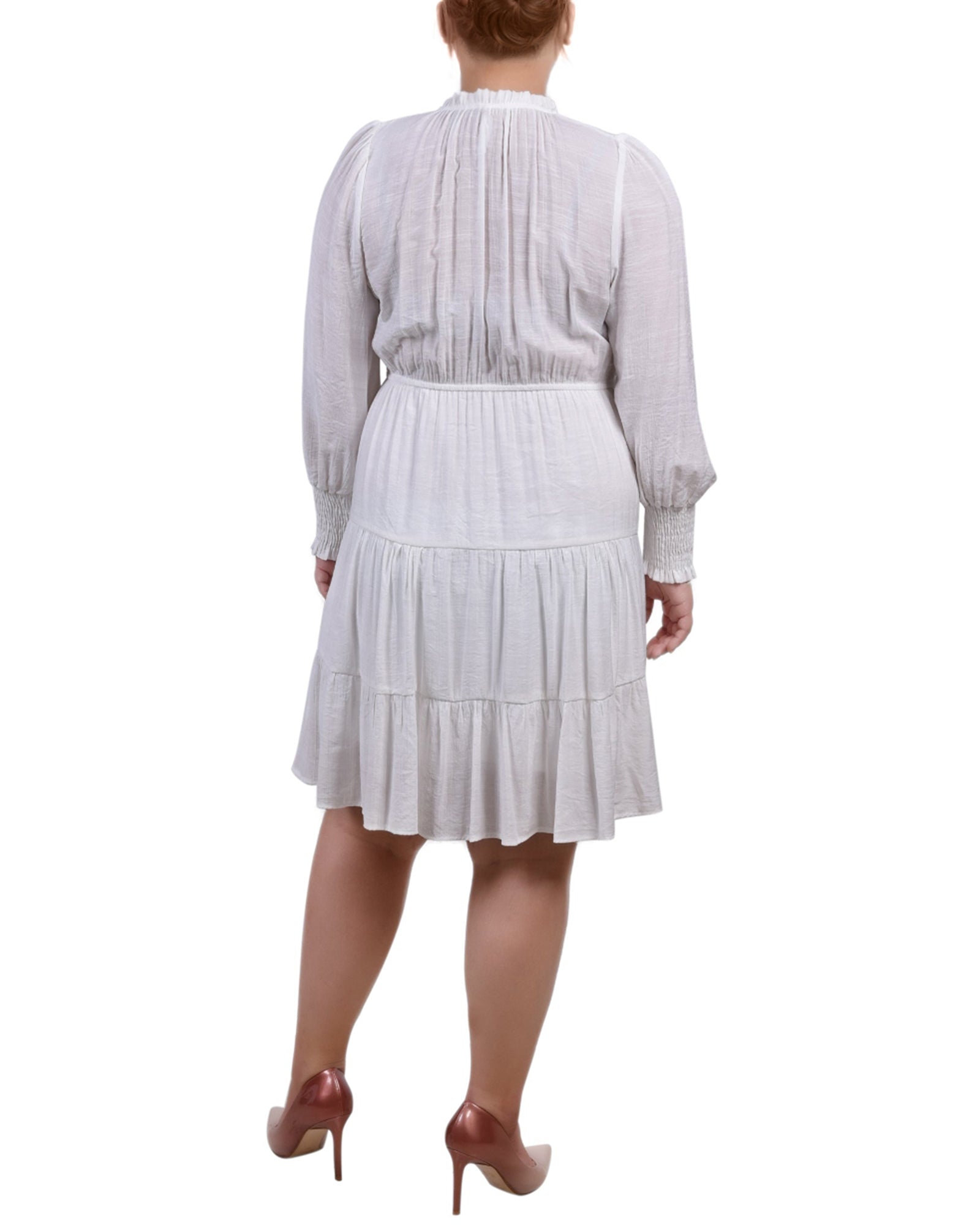  NY Collection Plus Size Long Sleeve Tiered Dress With Ruffled Neck - White - Bonton