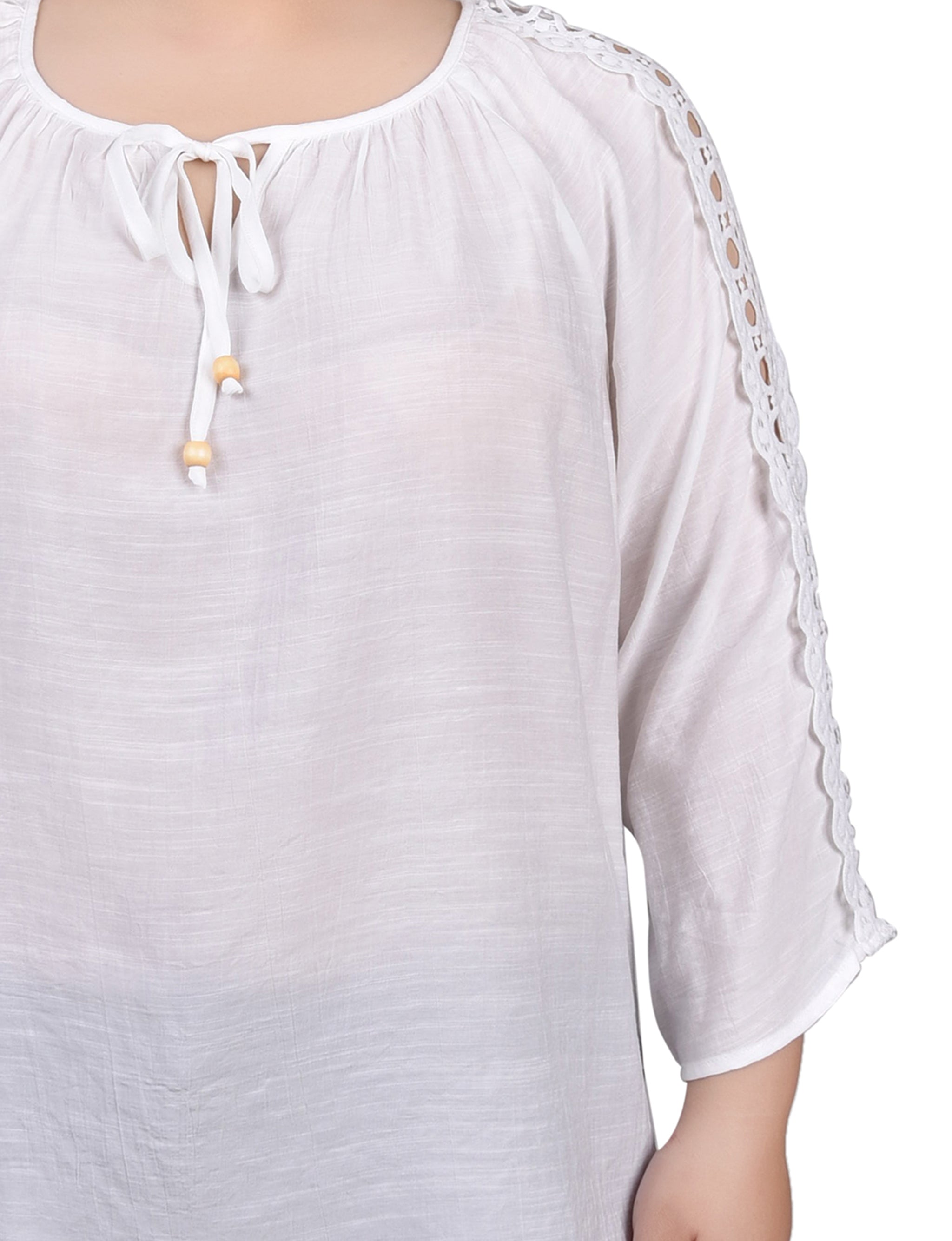  NY Collection Plus Size 3/4 Sleeve Crochet Detail Blouse - Black - Bonton