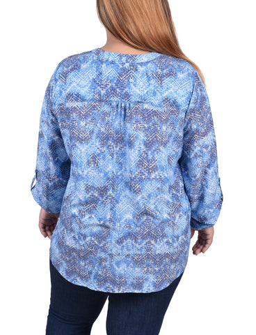 Plus Size Long Roll Tab Sleeve Pintuck Front Blouse