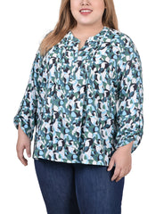 Plus Size Long Roll Tab Sleeve Pintuck Front Blouse