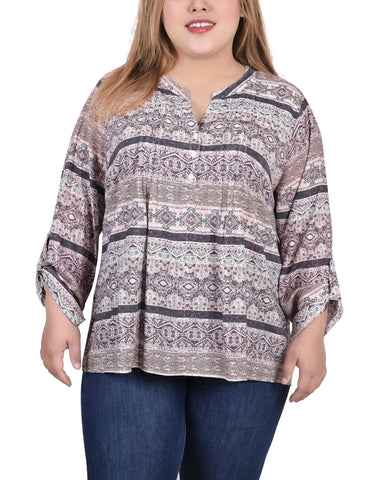 Plus Size Long Roll Tab Sleeve Pintuck Front Blouse