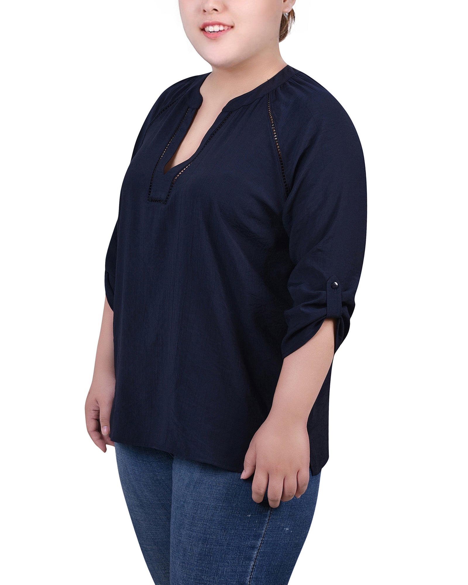  NY Collection Plus Size Raglan Sleeve Split Neck Blouse - Black - Bonton