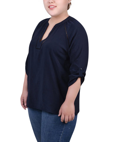 Plus Size Raglan Sleeve Split Neck Blouse