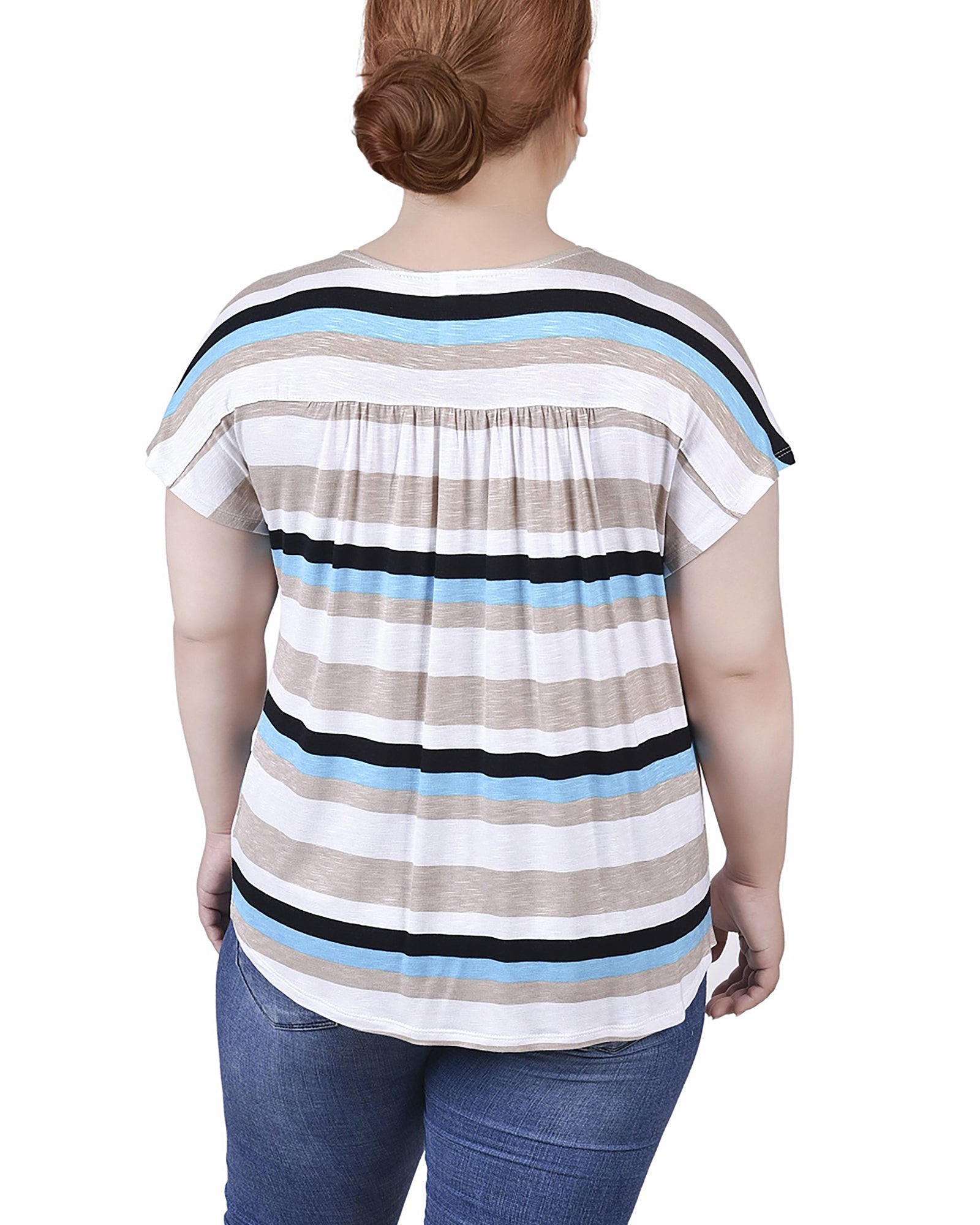  NY Collection Plus Size Short Sleeve Striped v Neck Top - Turquoise Multi Stripe - Bonton