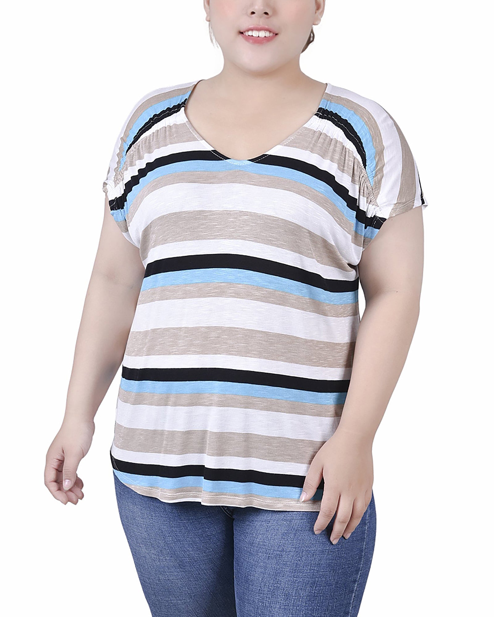  NY Collection Plus Size Short Sleeve Striped v Neck Top - Turquoise Multi Stripe - Bonton