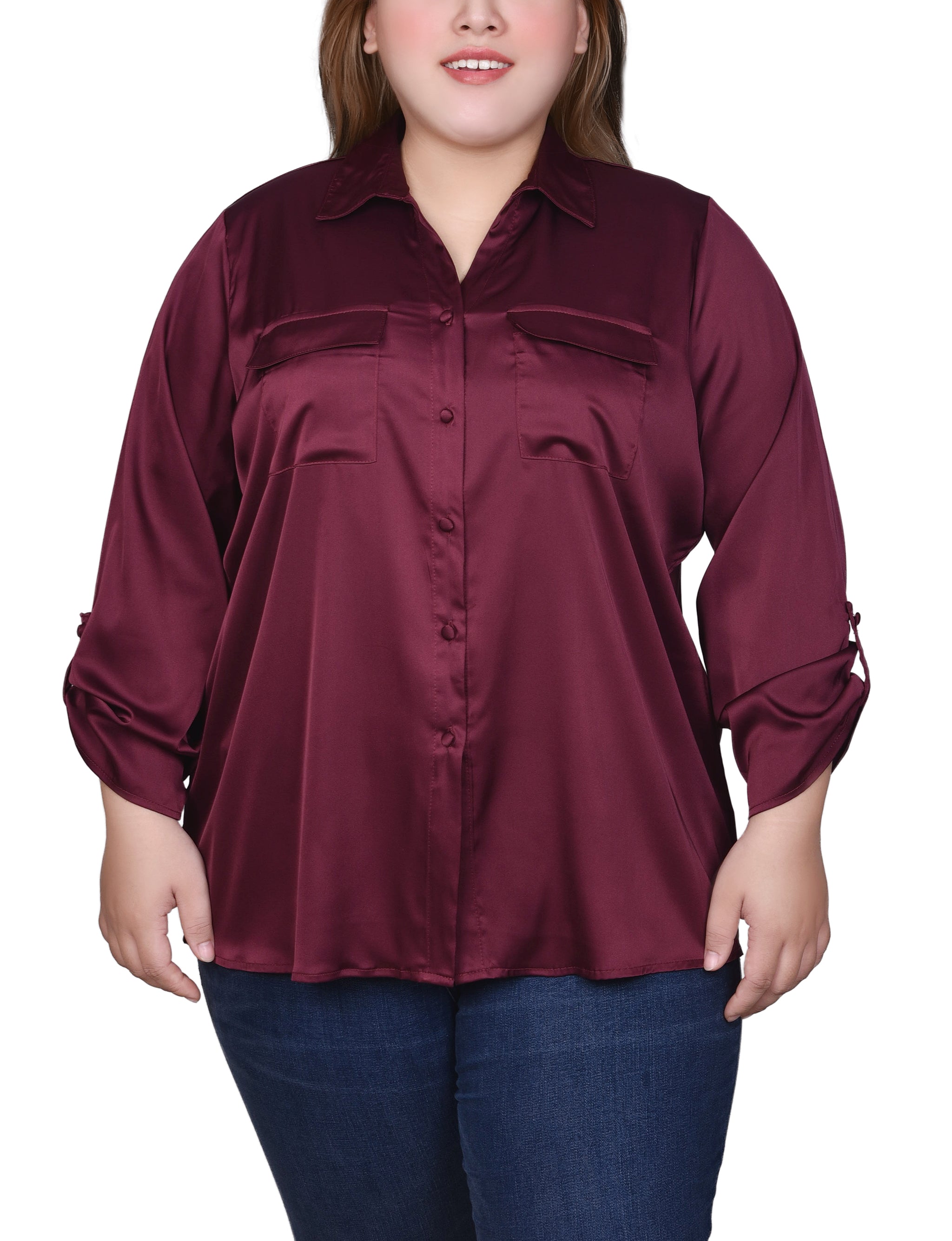  NY Collection Plus Size 3/4 Sleeve Roll Tab Satin Blouse - Frosty Green - Bonton