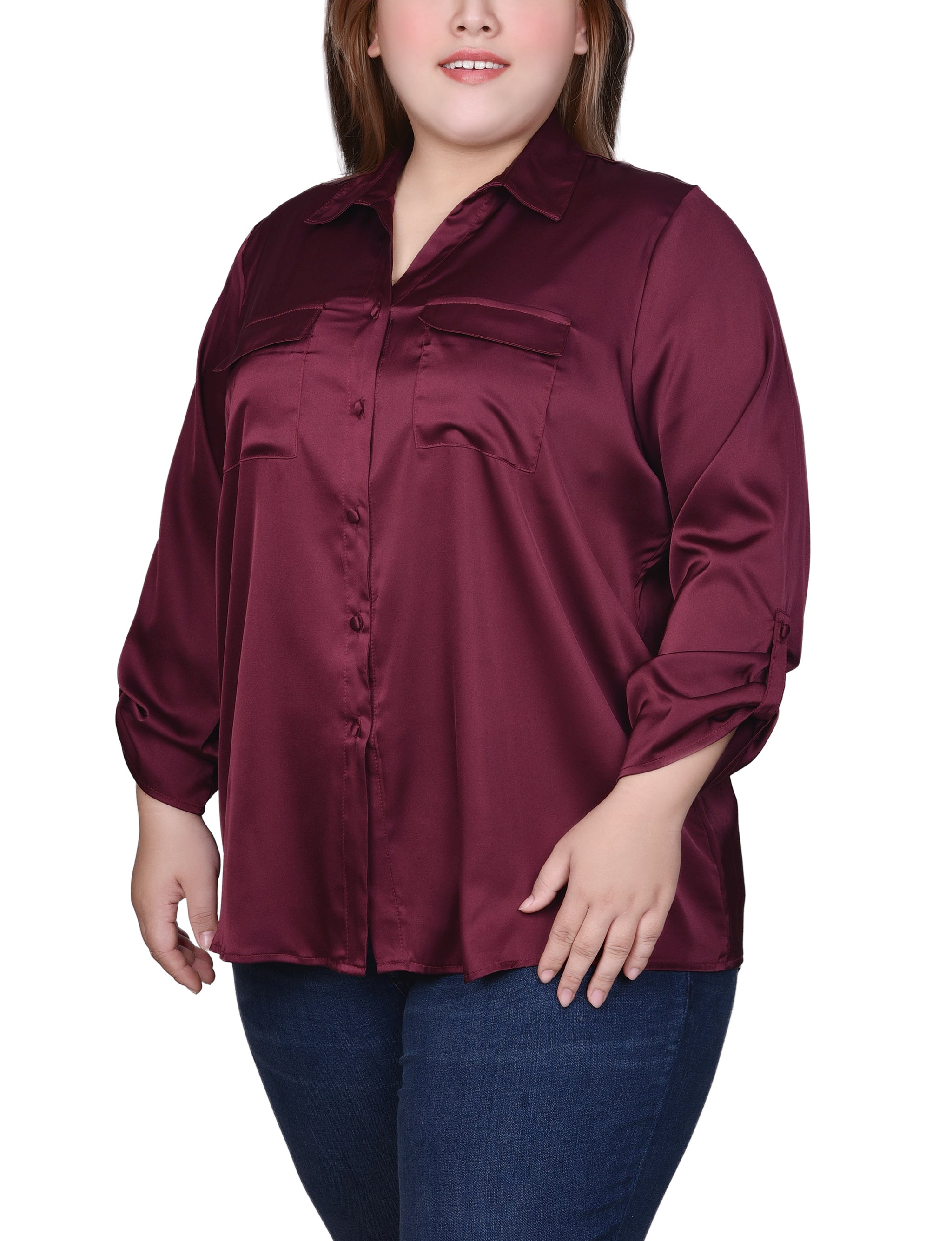  NY Collection Plus Size 3/4 Sleeve Roll Tab Satin Blouse - Frosty Green - Bonton
