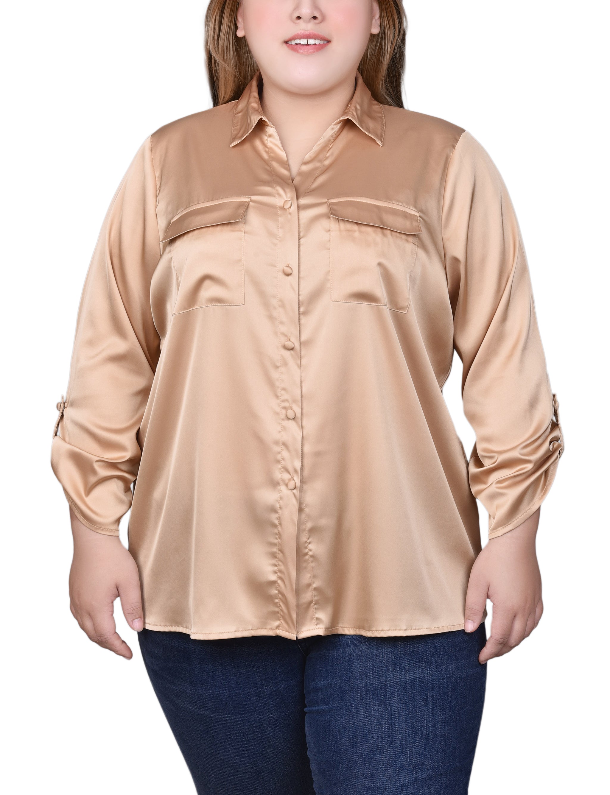  NY Collection Plus Size 3/4 Sleeve Roll Tab Satin Blouse - Frosty Green - Bonton