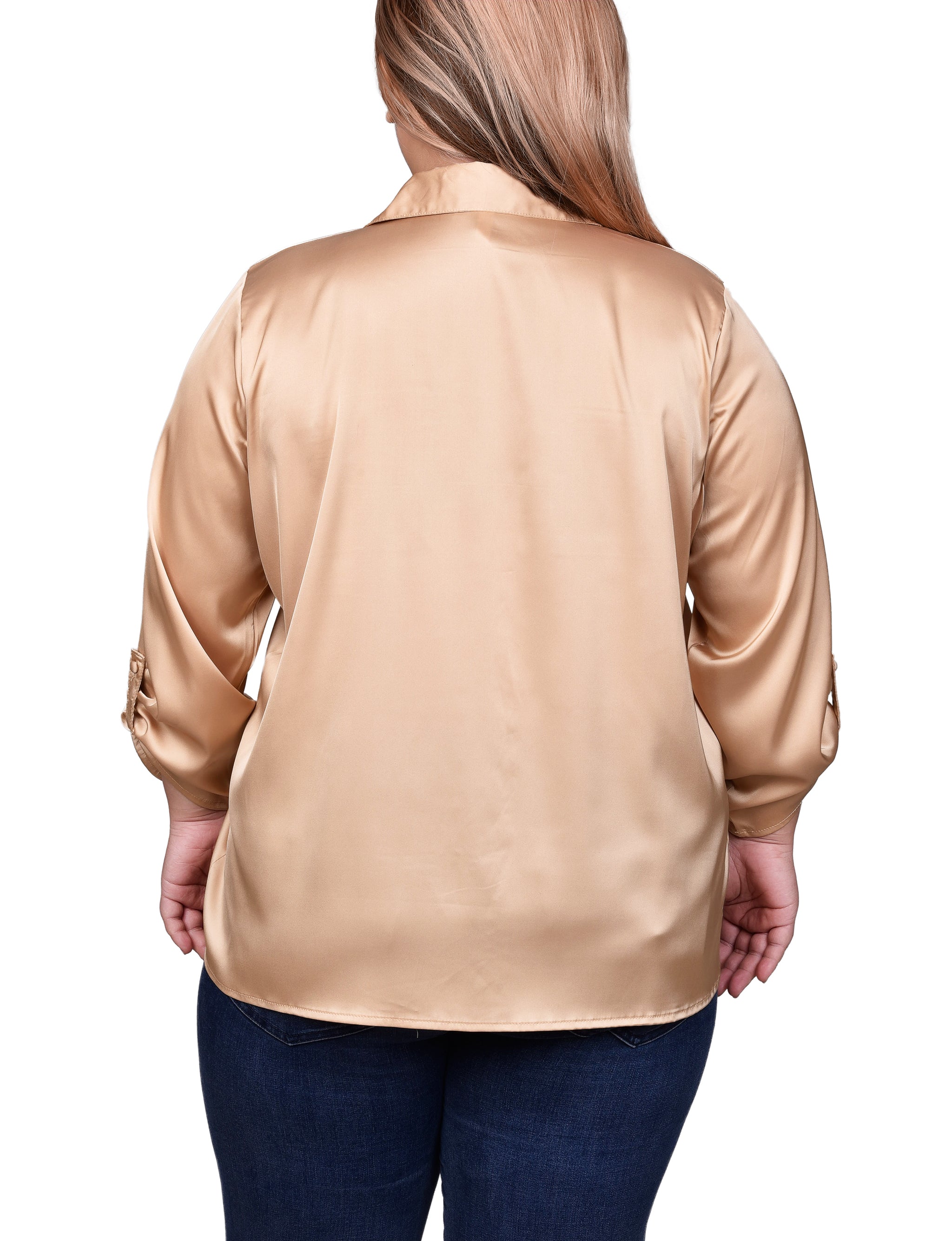  NY Collection Plus Size 3/4 Sleeve Roll Tab Satin Blouse - Frosty Green - Bonton