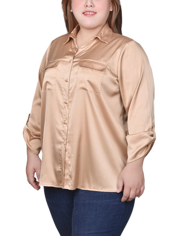Plus Size 3/4 Sleeve Roll Tab Satin Blouse