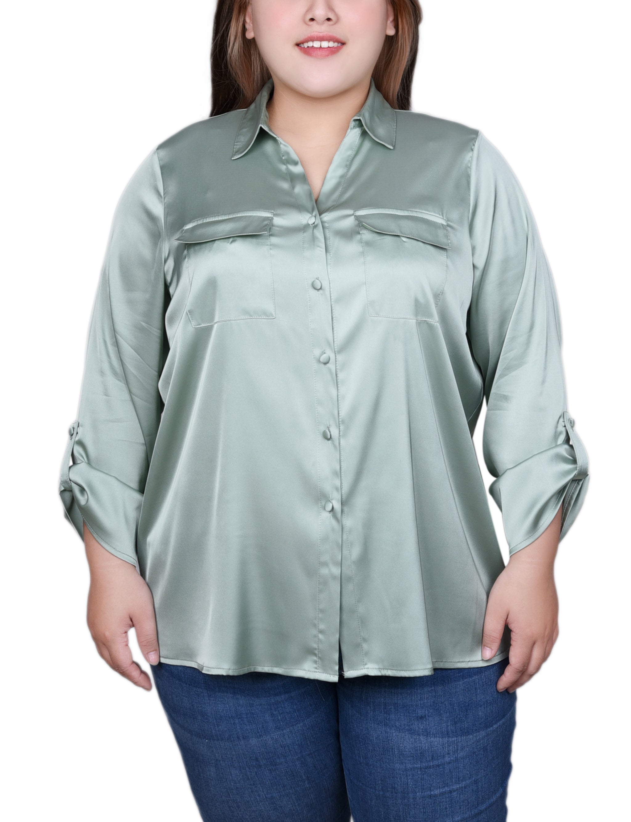  NY Collection Plus Size 3/4 Sleeve Roll Tab Satin Blouse - Frosty Green - Bonton