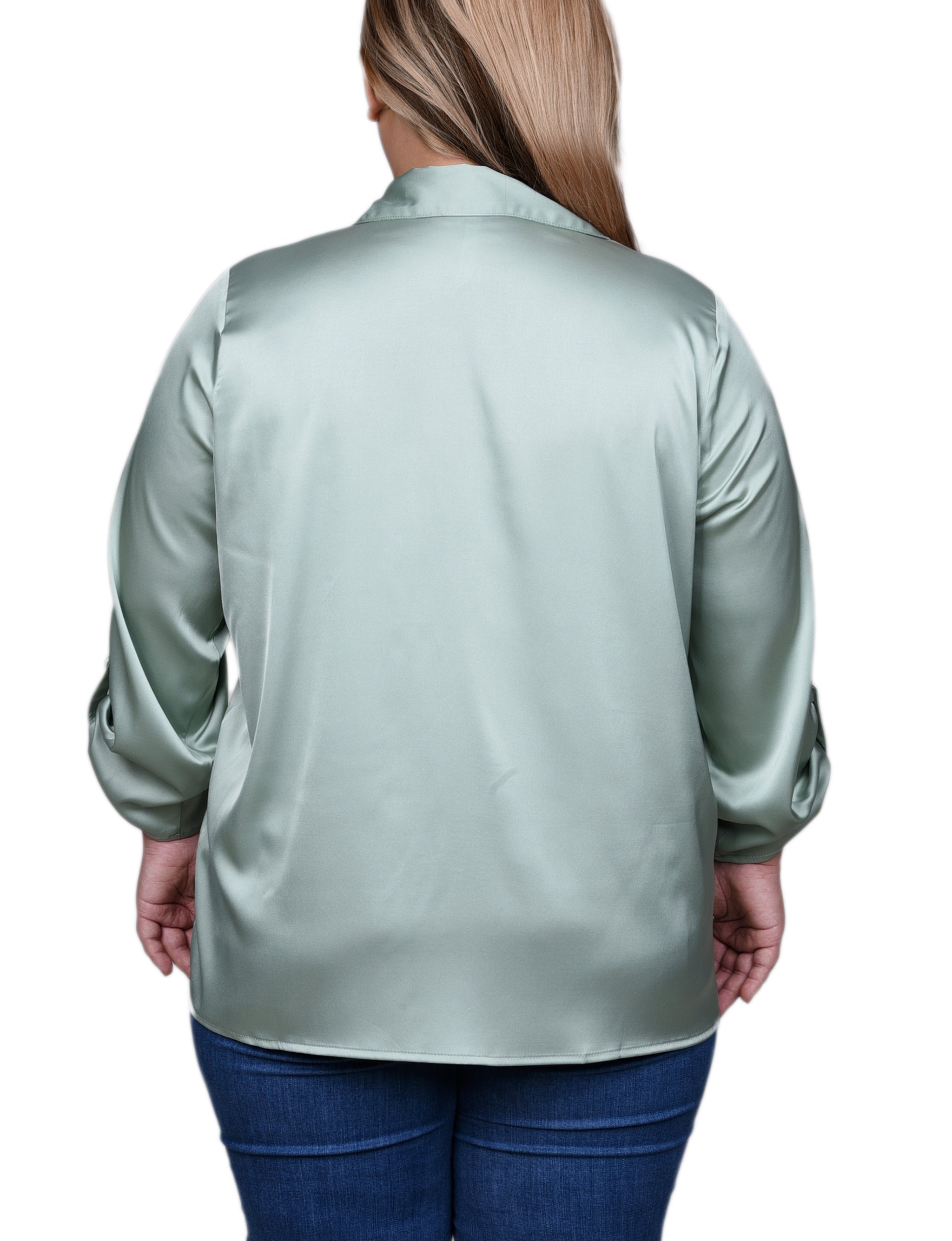  NY Collection Plus Size 3/4 Sleeve Roll Tab Satin Blouse - Frosty Green - Bonton