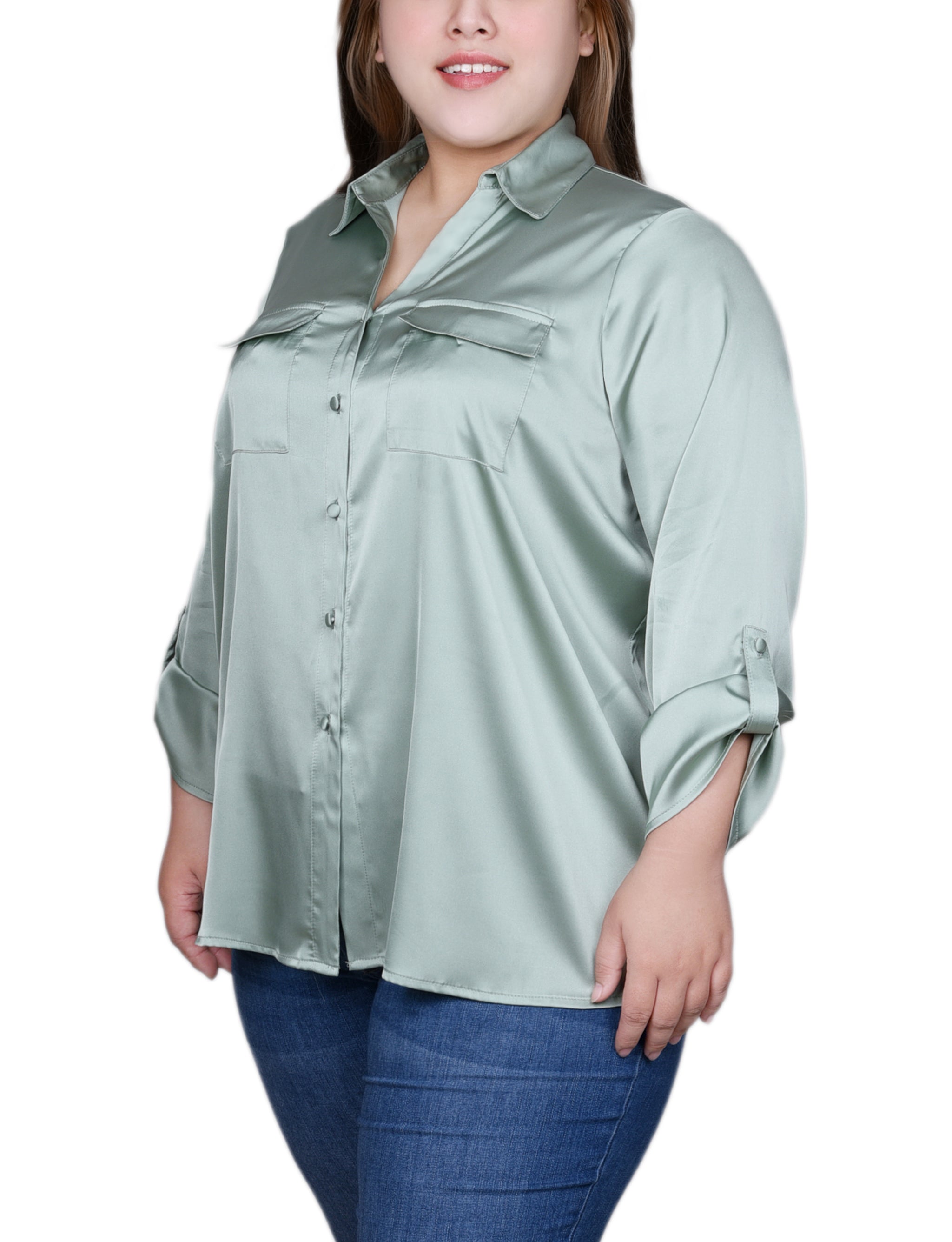  NY Collection Plus Size 3/4 Sleeve Roll Tab Satin Blouse - Frosty Green - Bonton