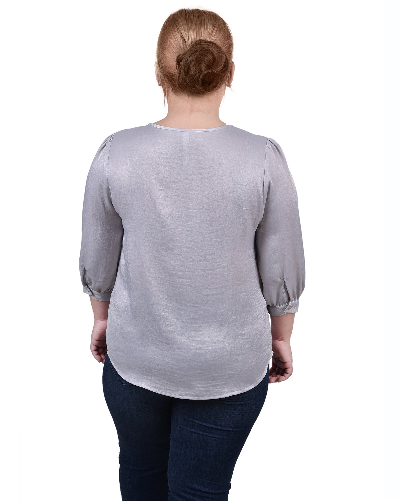  NY Collection Plus Size Elbow Sleeve Satin Blouse - Light Grey - Bonton