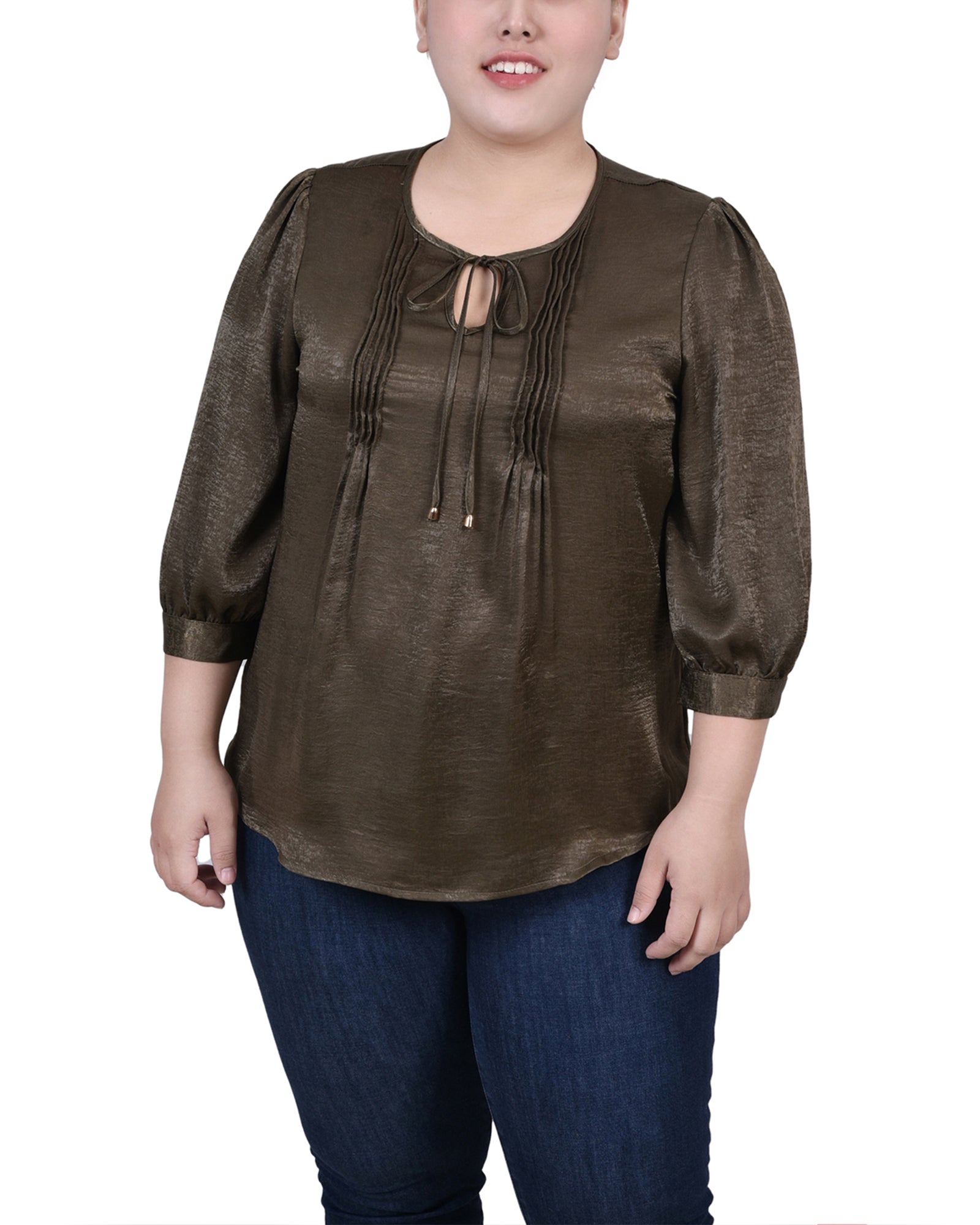  NY Collection Plus Size Elbow Sleeve Satin Blouse - Light Grey - Bonton