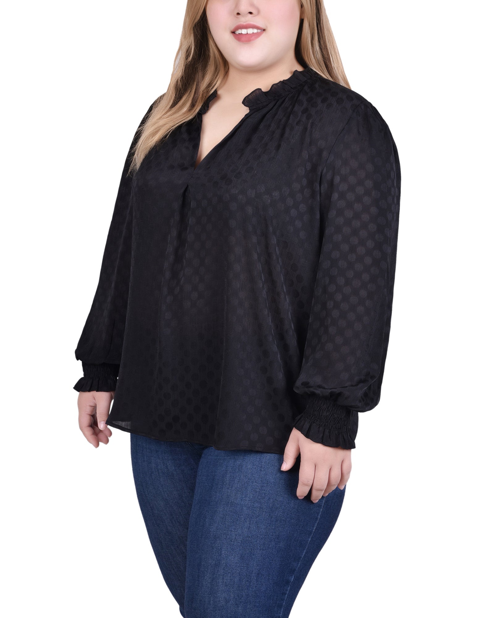  NY Collection Long Sleeve Smocked Cuff Blouse - Sangria - Bonton