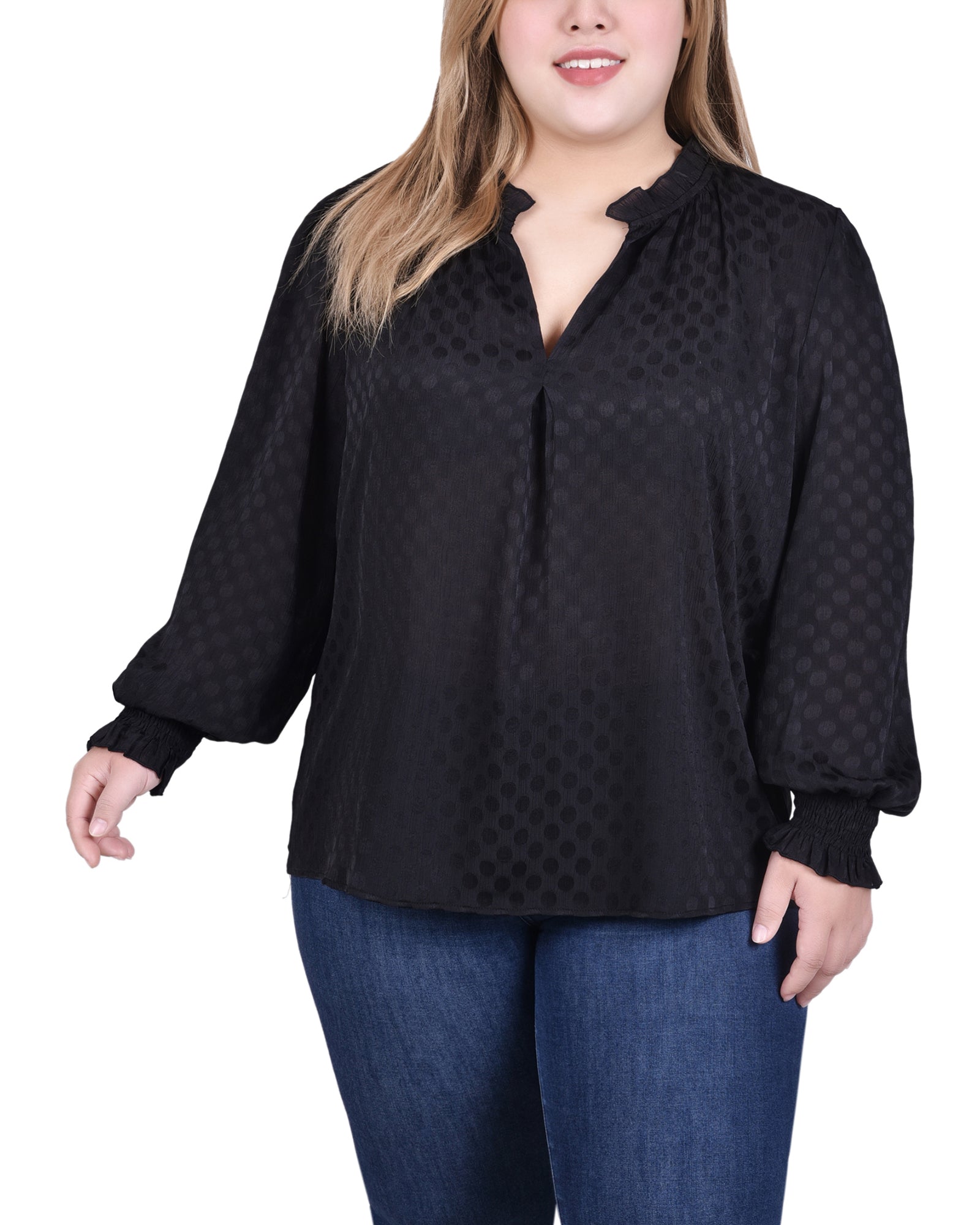  NY Collection Long Sleeve Smocked Cuff Blouse - Sangria - Bonton