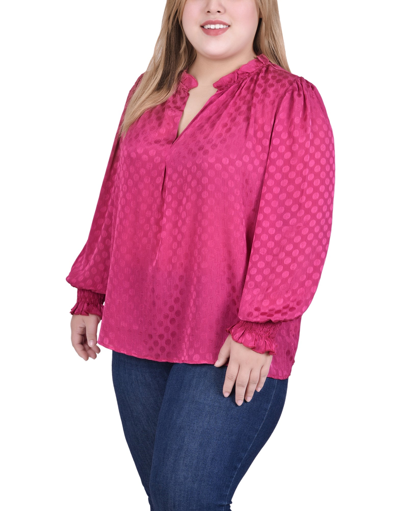  NY Collection Long Sleeve Smocked Cuff Blouse - Sangria - Bonton
