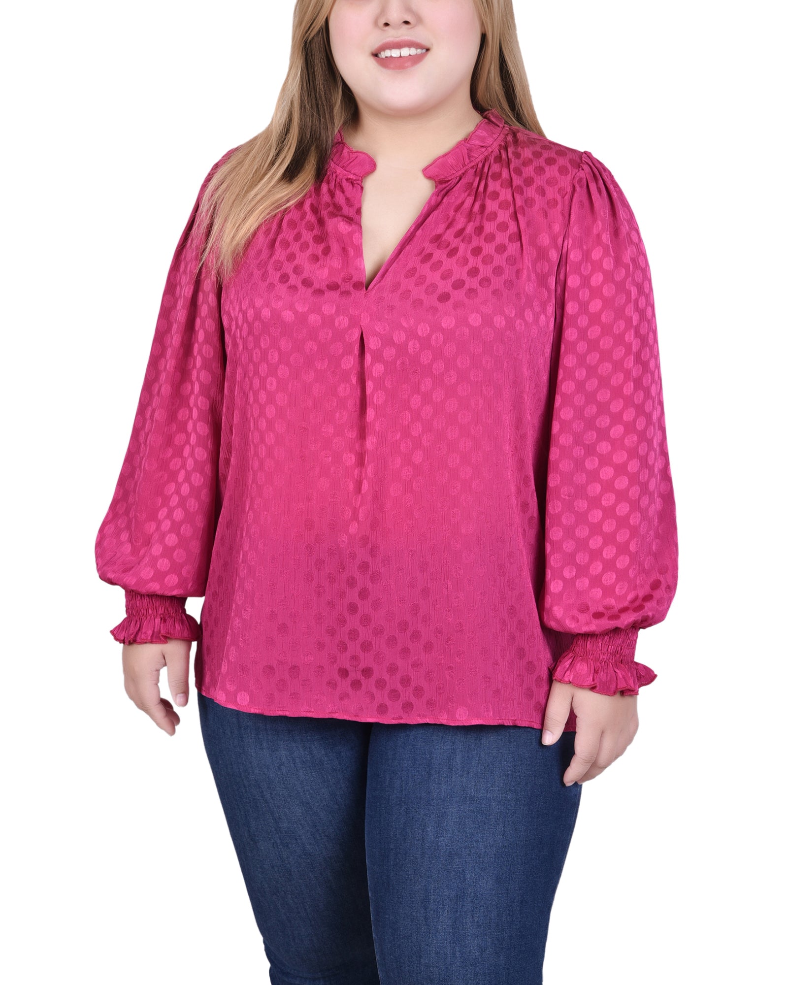  NY Collection Long Sleeve Smocked Cuff Blouse - Sangria - Bonton