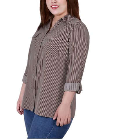 Plus Size 3/4 Sleeve Roll Tab Notch Collar Blouse